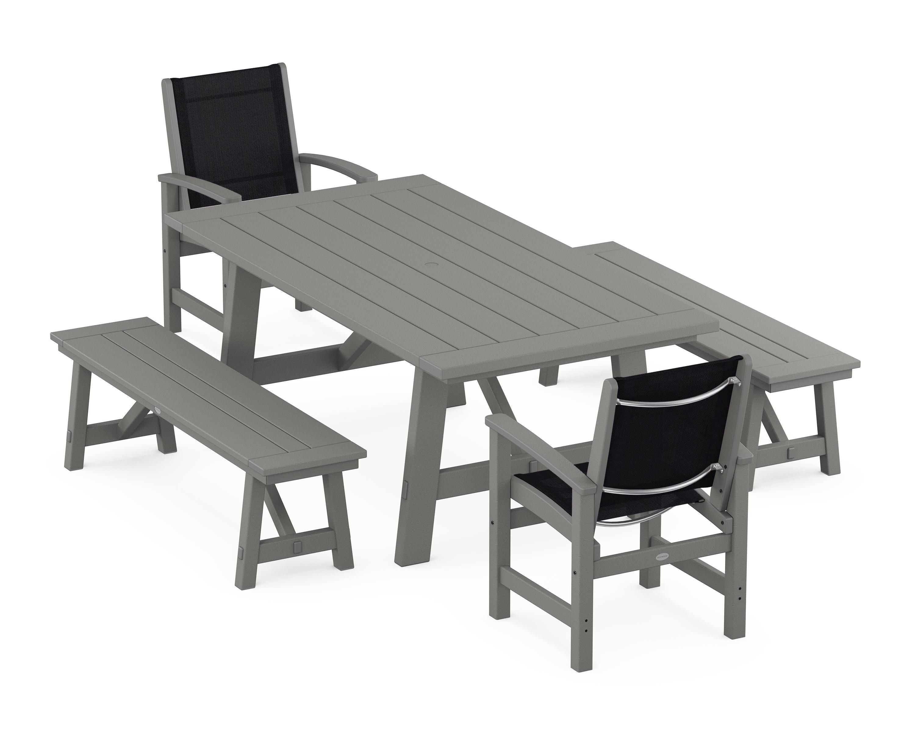 POLYWOOD Coastal 5-Piece Rustic Farmhouse Dining Set With Benches in Slate Grey / Black Sling