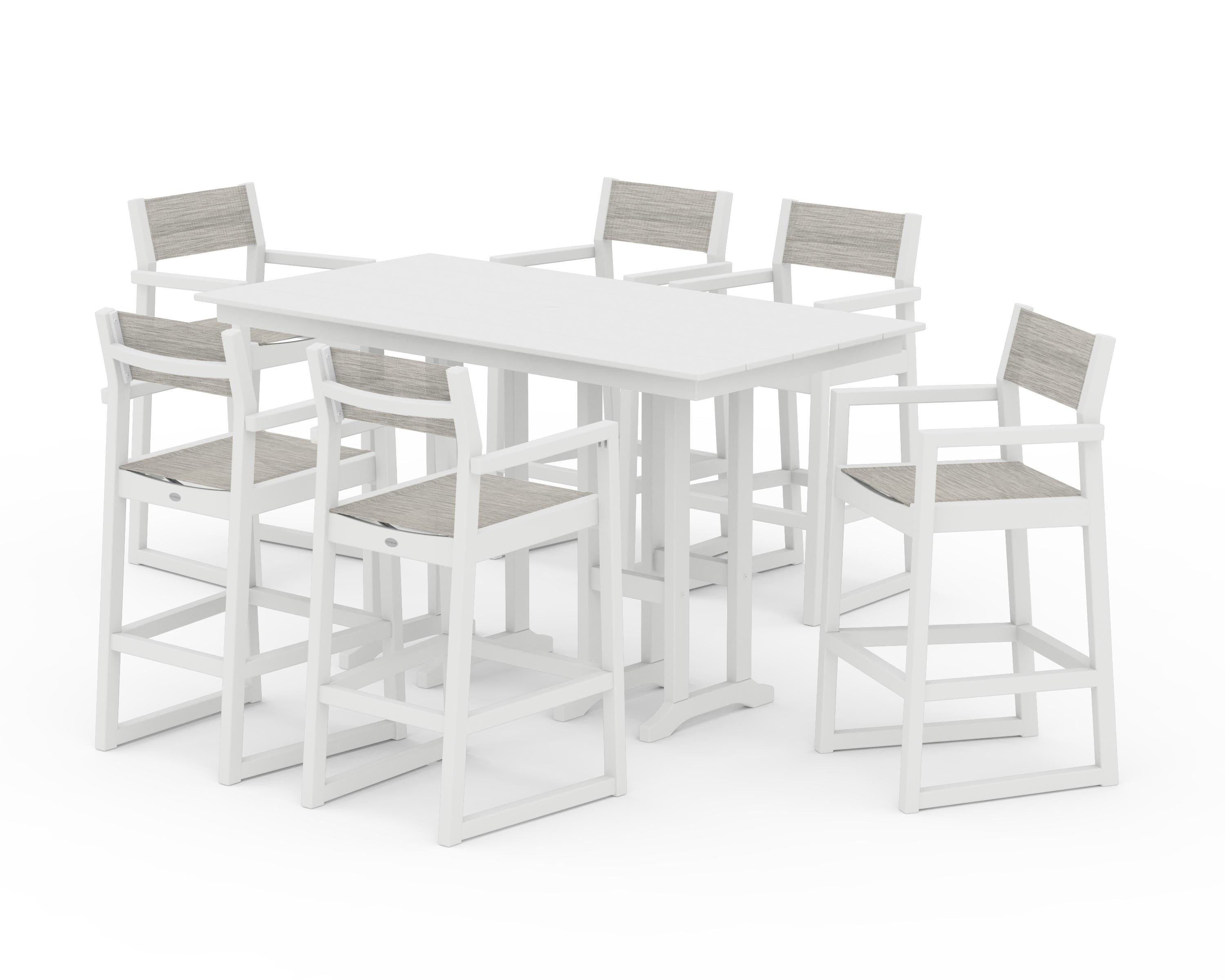POLYWOOD EDGE Sling Arm Chair 7-Piece Farmhouse Bar Set in White / Birch Sling