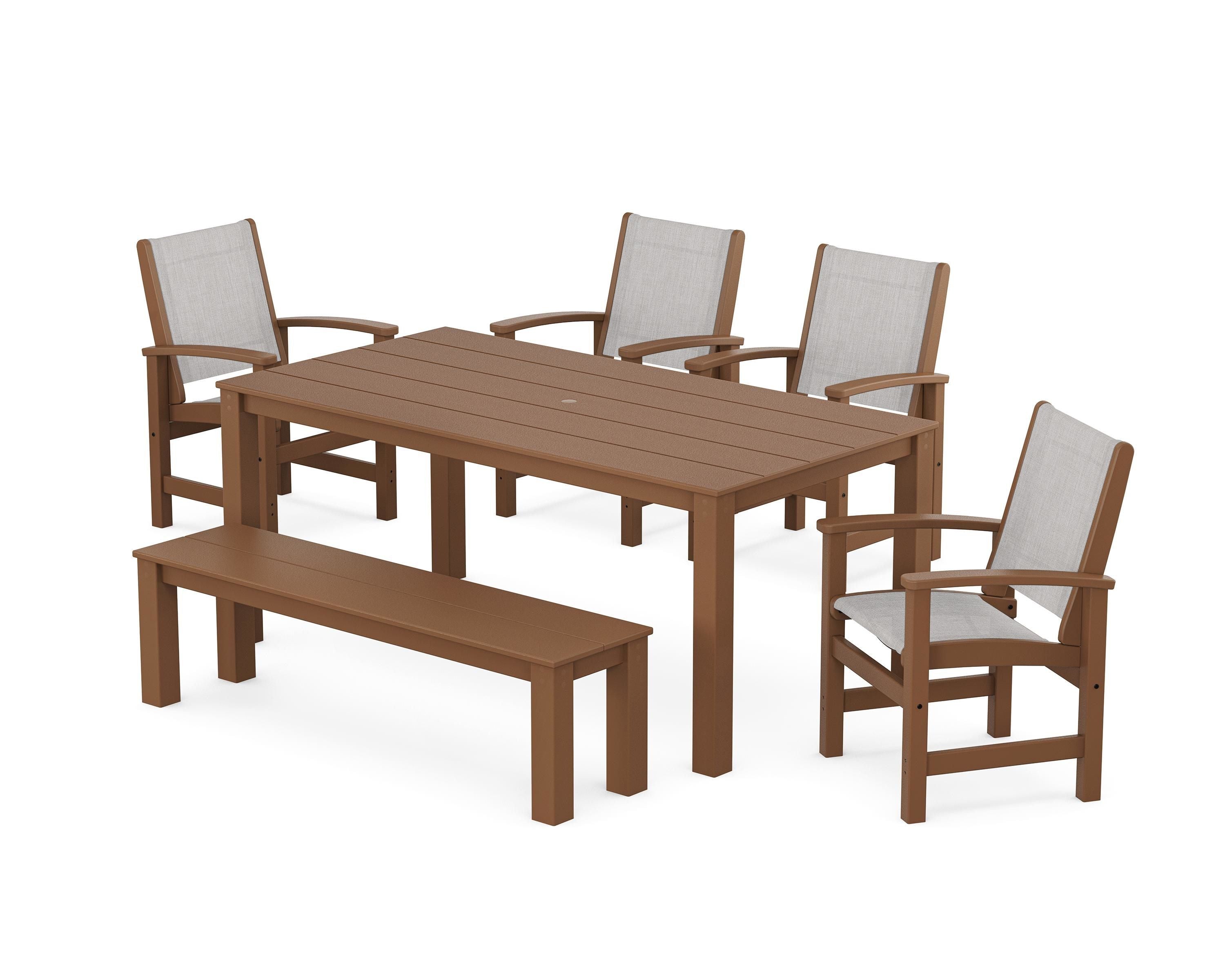 POLYWOOD Coastal 6-Piece Parsons Dining Set with Bench in Teak / Parchment Sling
