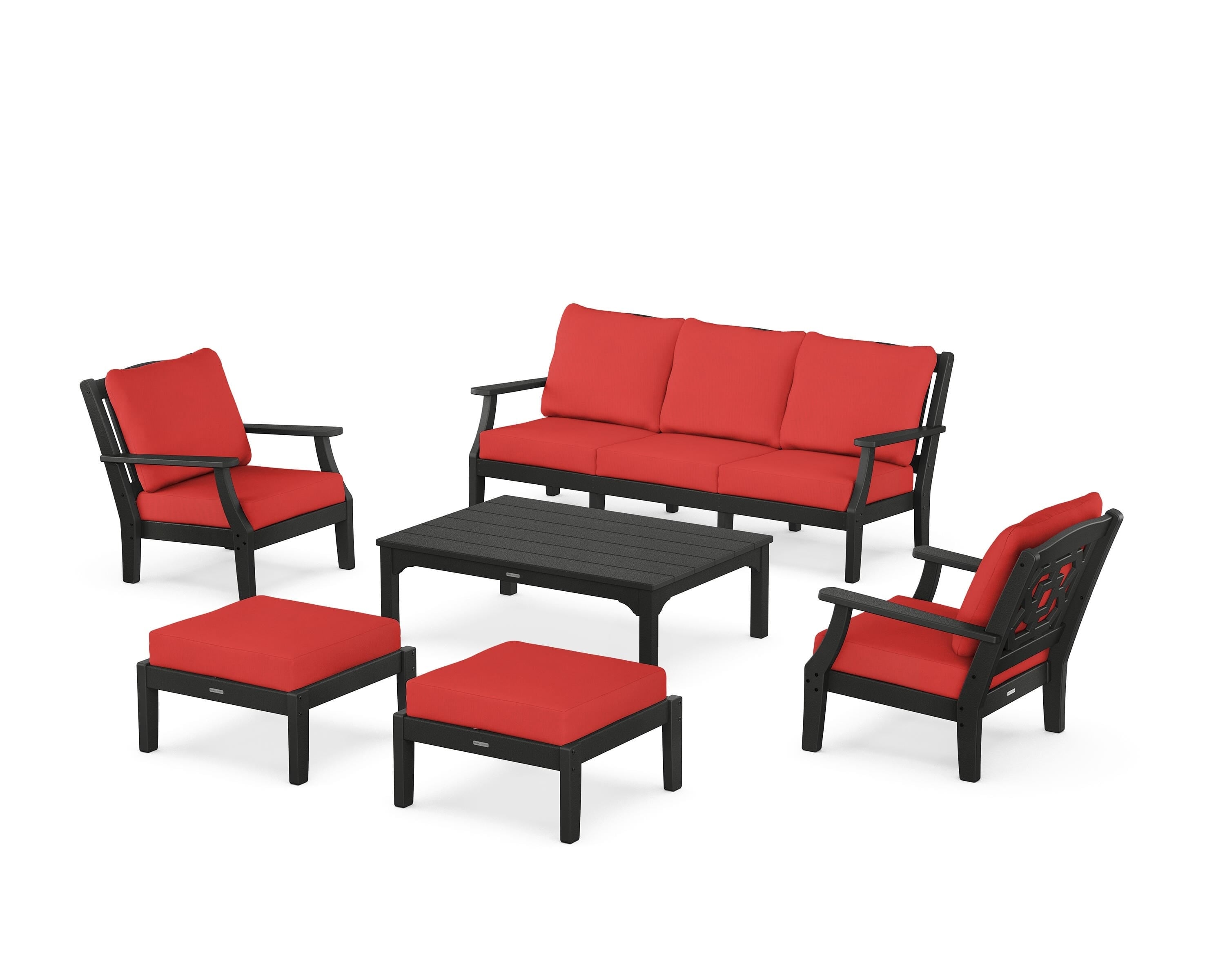 Martha Stewart by POLYWOOD Chinoiserie 6-Piece Lounge Sofa Set in Black / Crimson Linen