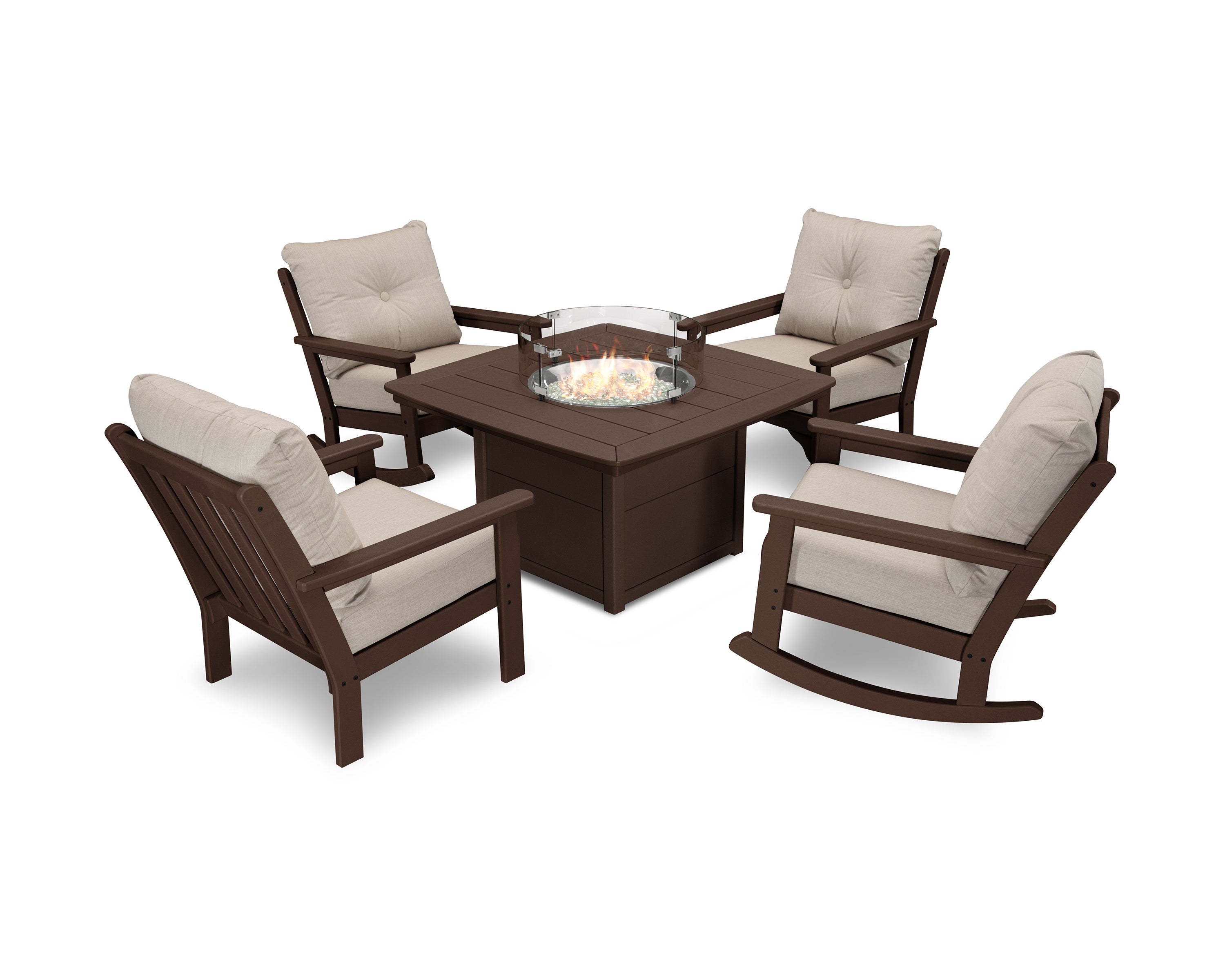 POLYWOOD Vineyard 5-Piece Deep Seating Rocking Chair Conversation Set with Fire Pit Table in Mahogany / Cast Ash
