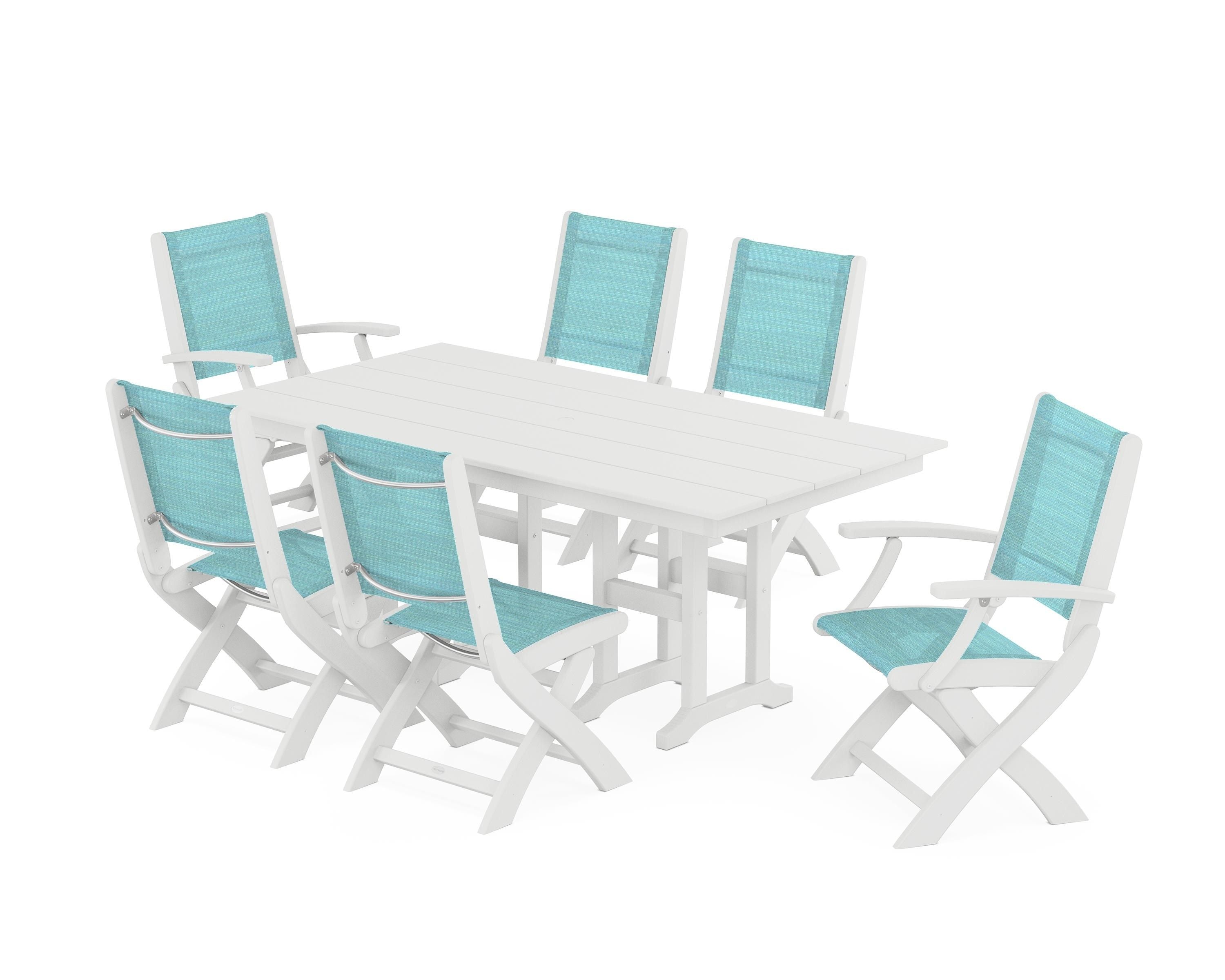 POLYWOOD Coastal Folding Chair 7-Piece Farmhouse Dining Set in White / Dupioni Aquamarine Sling
