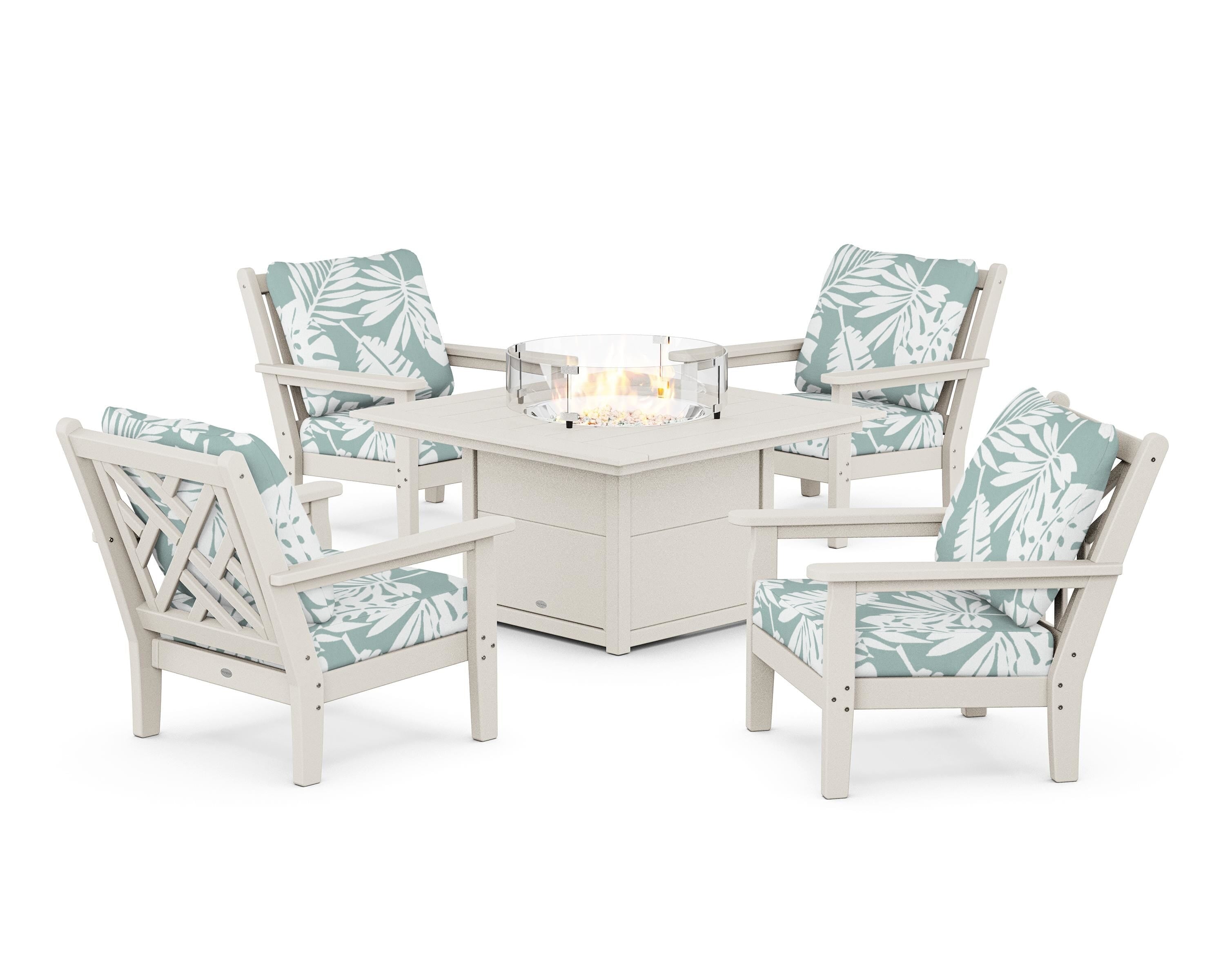 POLYWOOD Chippendale 5-Piece Deep Seating Set with Fire Pit Table in Sand / Leaf Glacier Spa