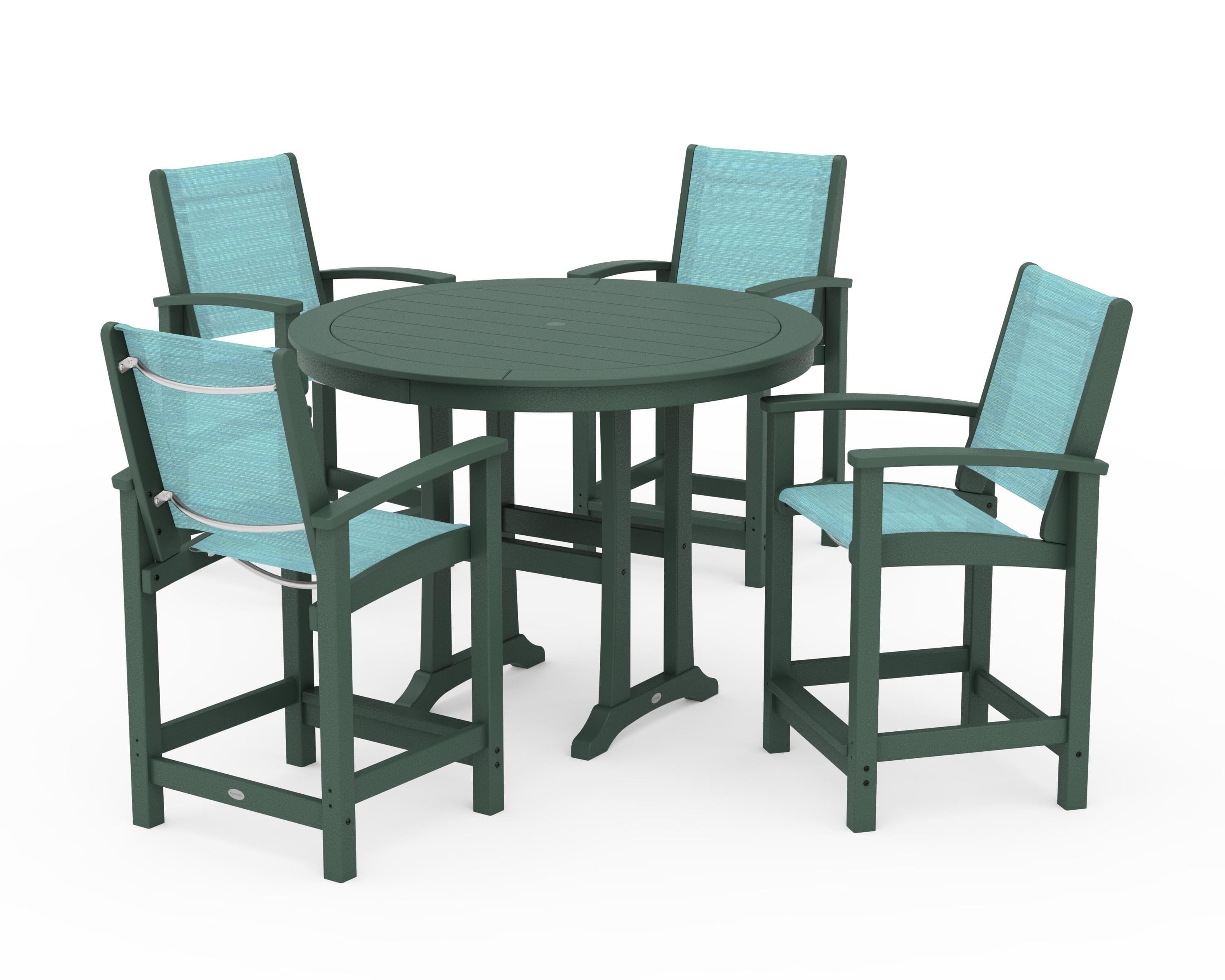 POLYWOOD Coastal 5-Piece Counter Set in Green / Dupioni Aquamarine Sling