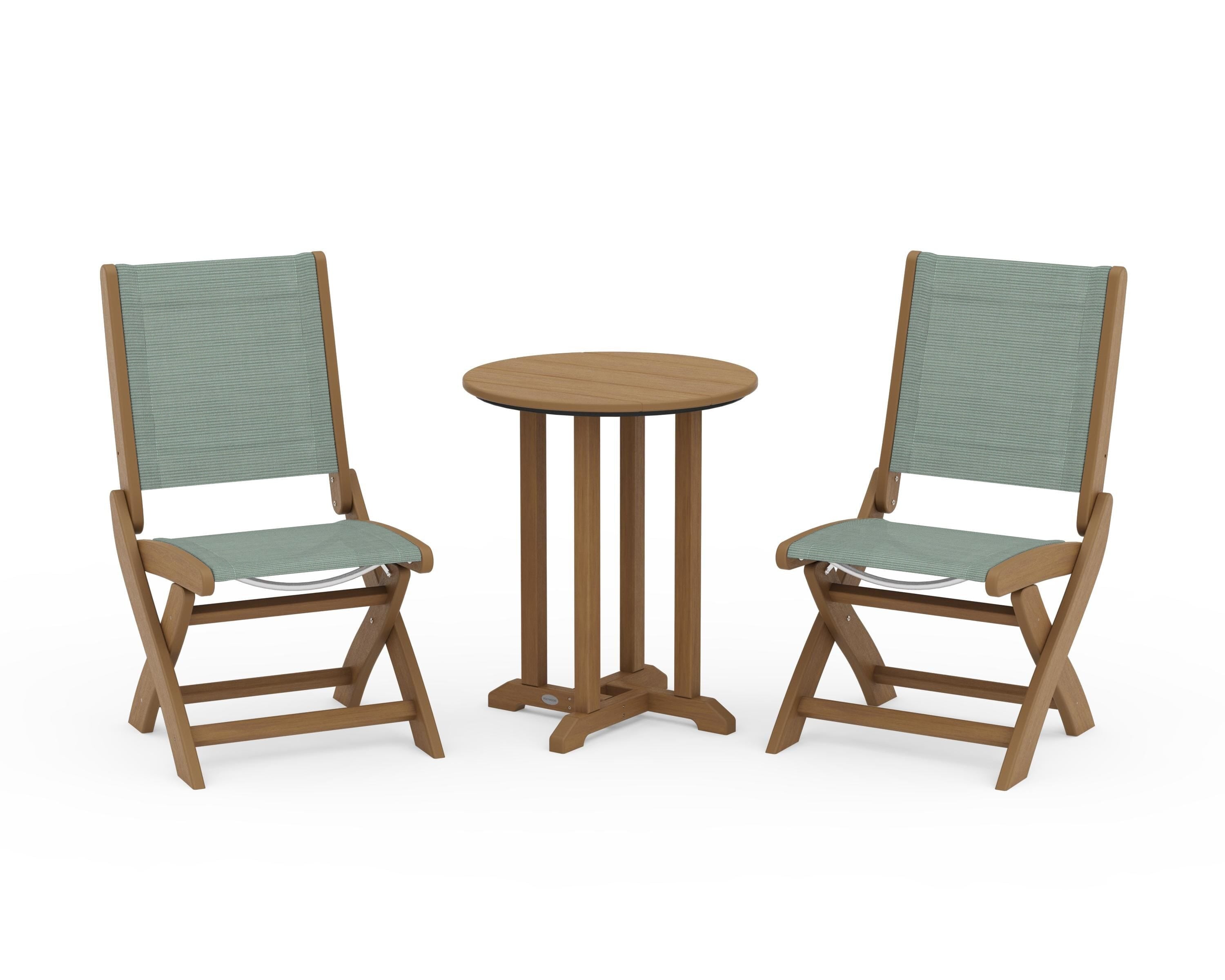 POLYWOOD Coastal Folding Side Chair 3-Piece Round Bistro Dining Set in Natural / Dupioni Sea Mist Sling
