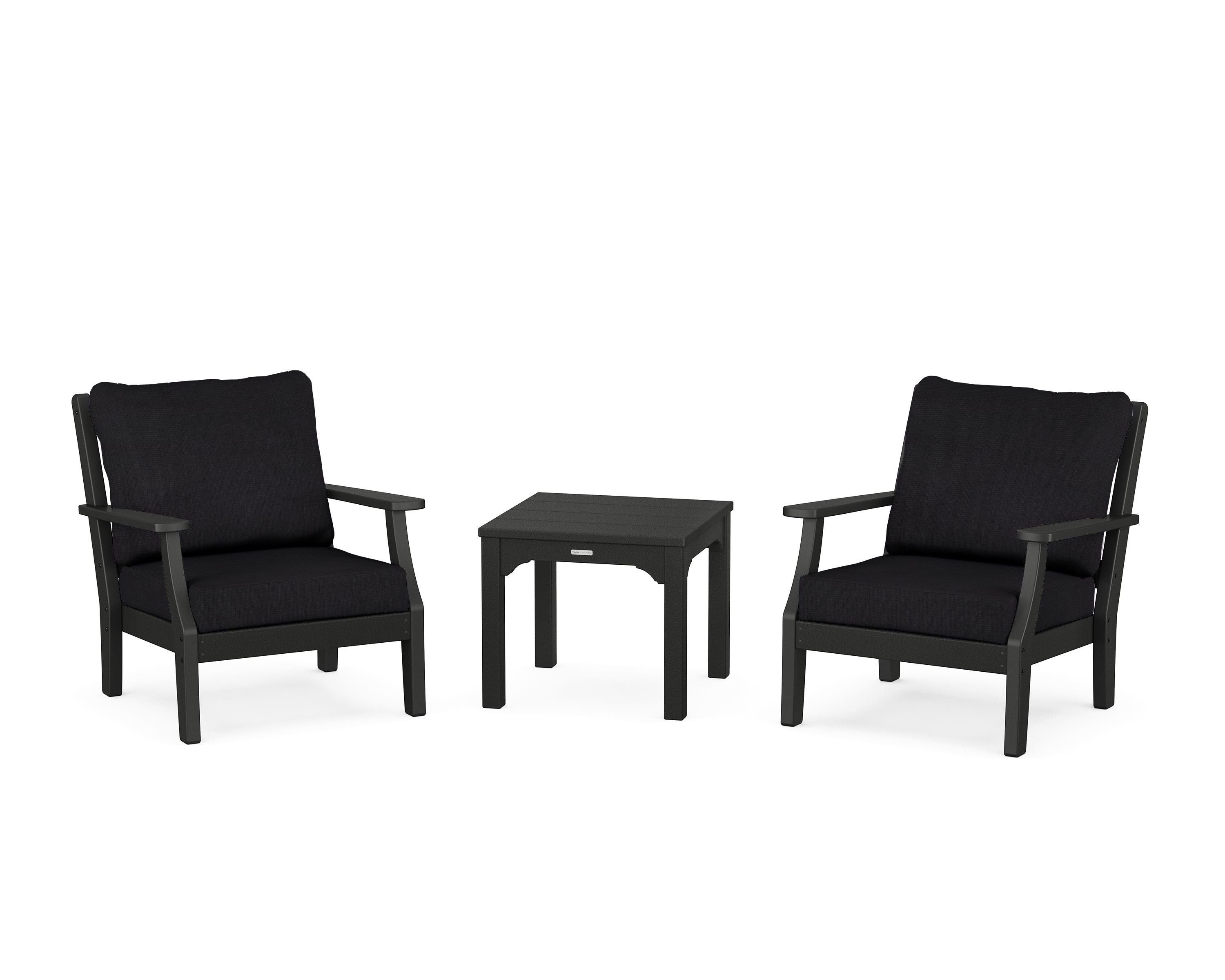 Martha Stewart by POLYWOOD Chinoiserie 3-Piece Deep Seating Set in Black / Midnight Linen