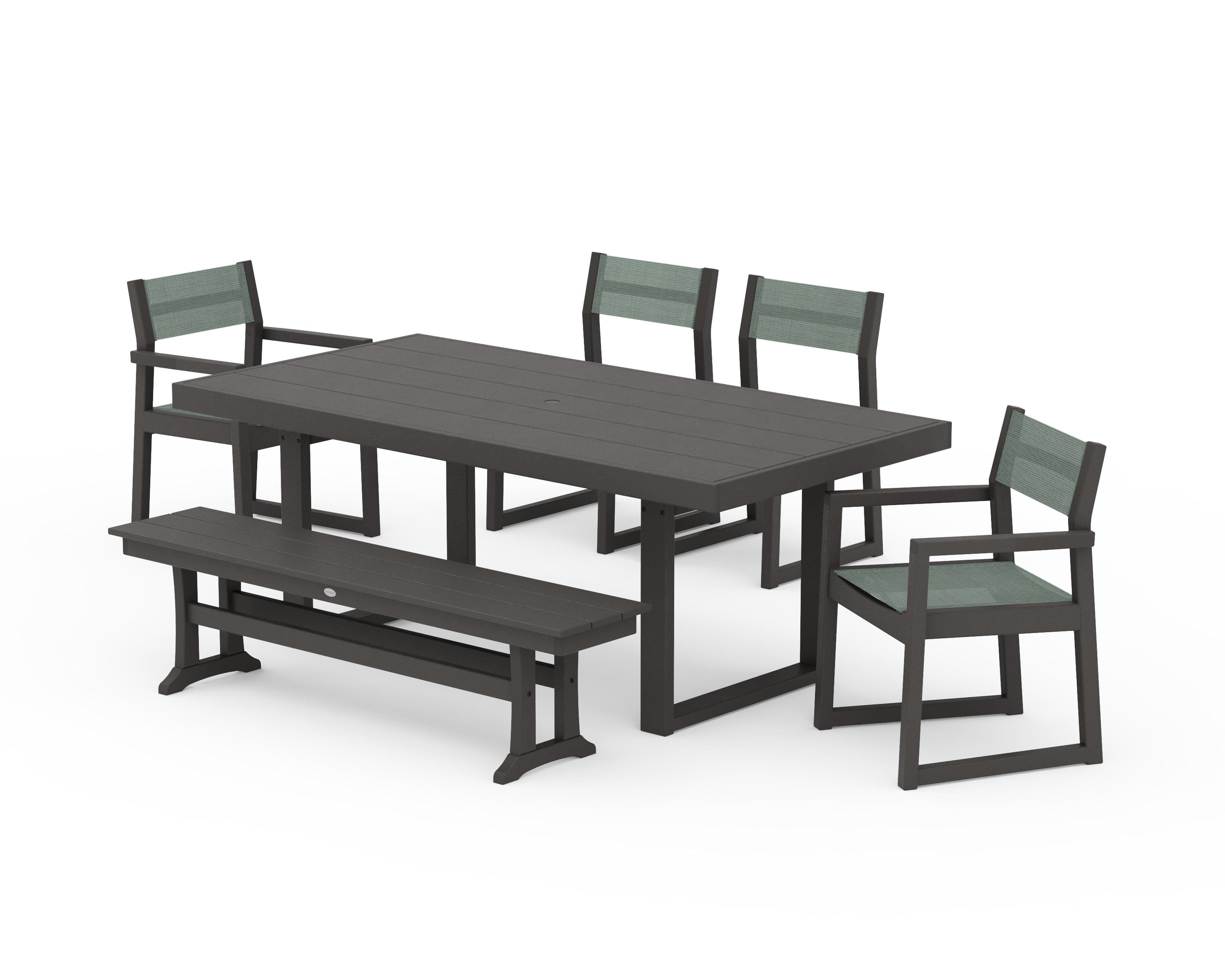 POLYWOOD EDGE Sling 6-Piece Dining Set with Bench in Vintage Coffee / Dupioni Sea Mist Sling