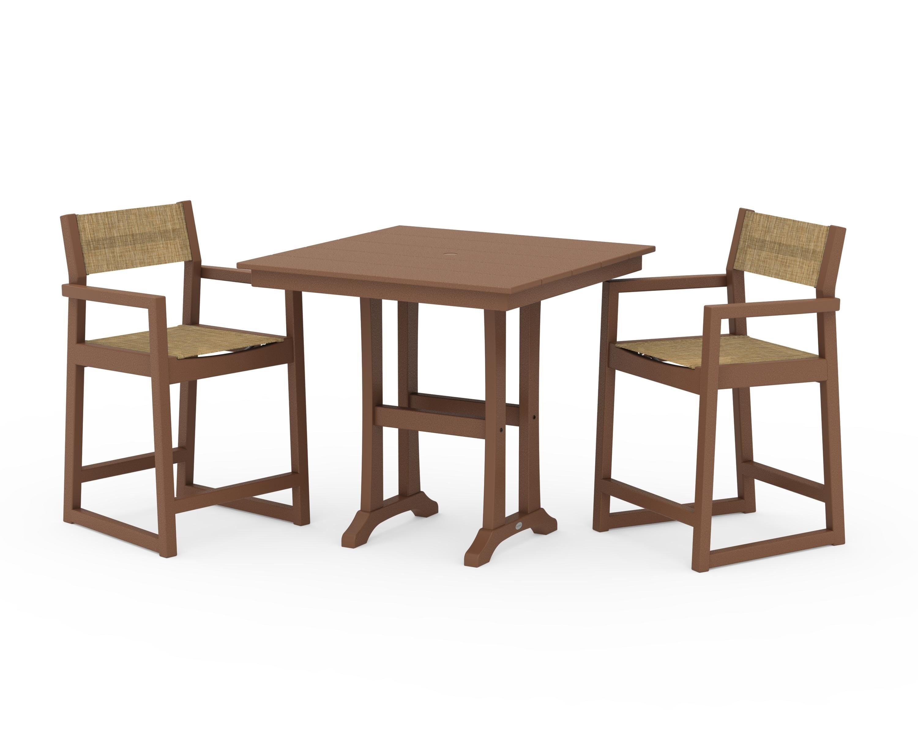 POLYWOOD EDGE Sling Arm Chair 3-Piece Farmhouse Counter Set with Trestle Legs in Teak / Burlap Sling