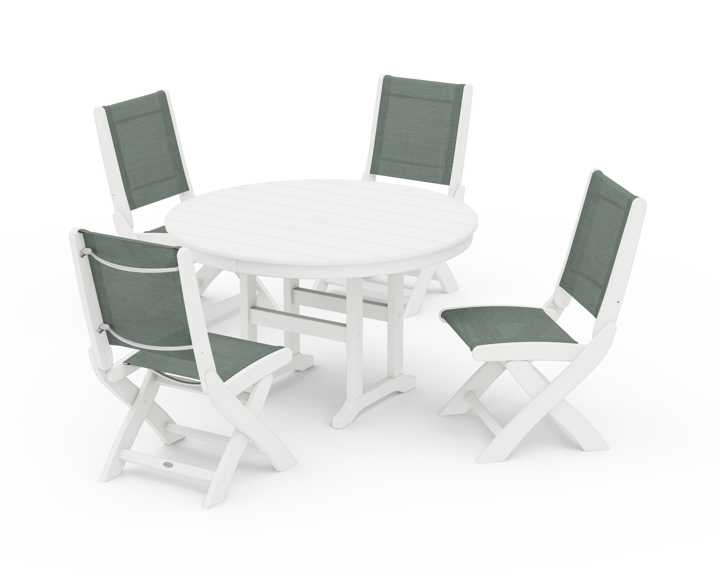 POLYWOOD Coastal Folding Side Chair 5-Piece Round Dining Set in White / Dupioni Sea Mist Sling