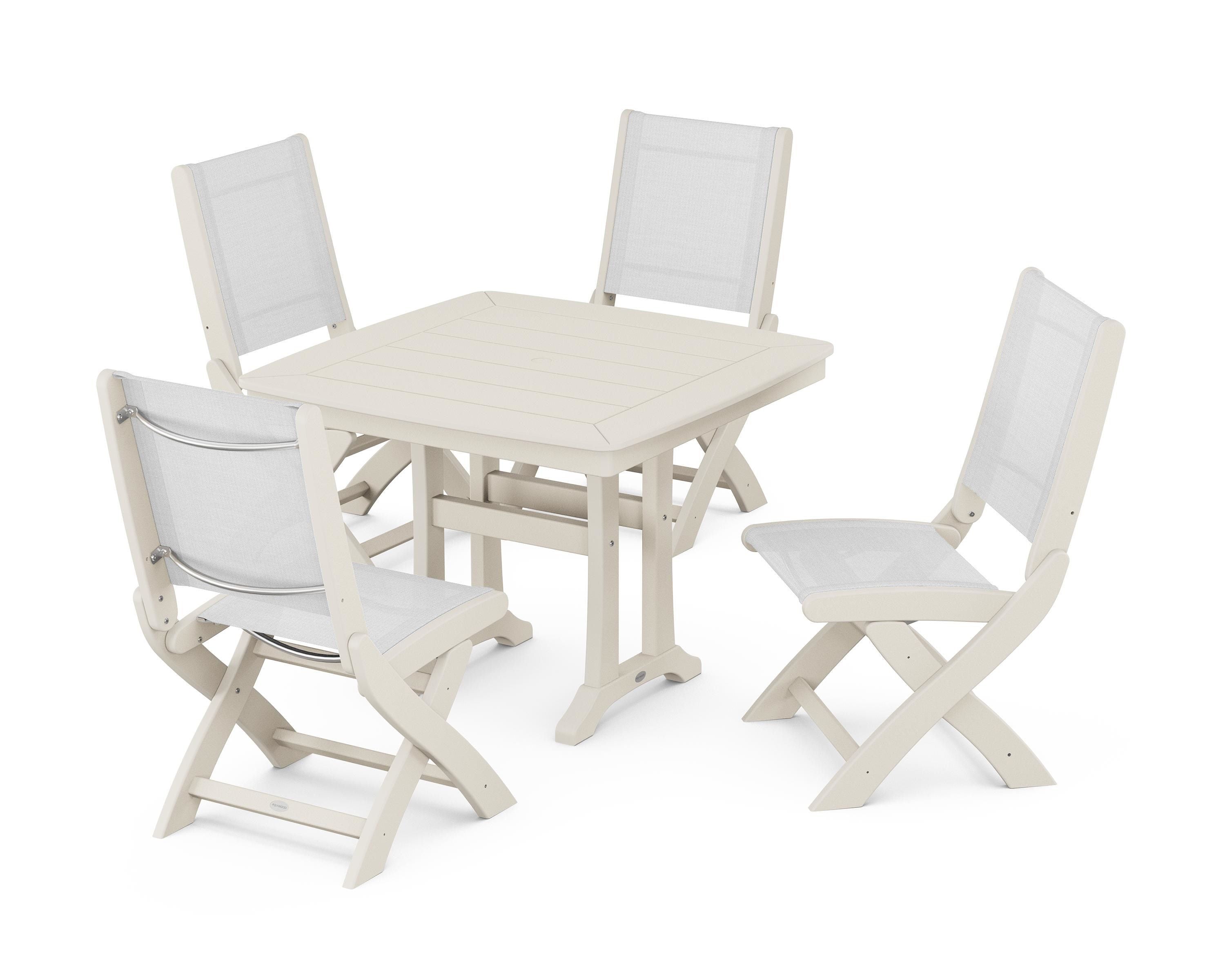 POLYWOOD Coastal Folding Side Chair 5-Piece Dining Set with Trestle Legs in Sand / White Sling