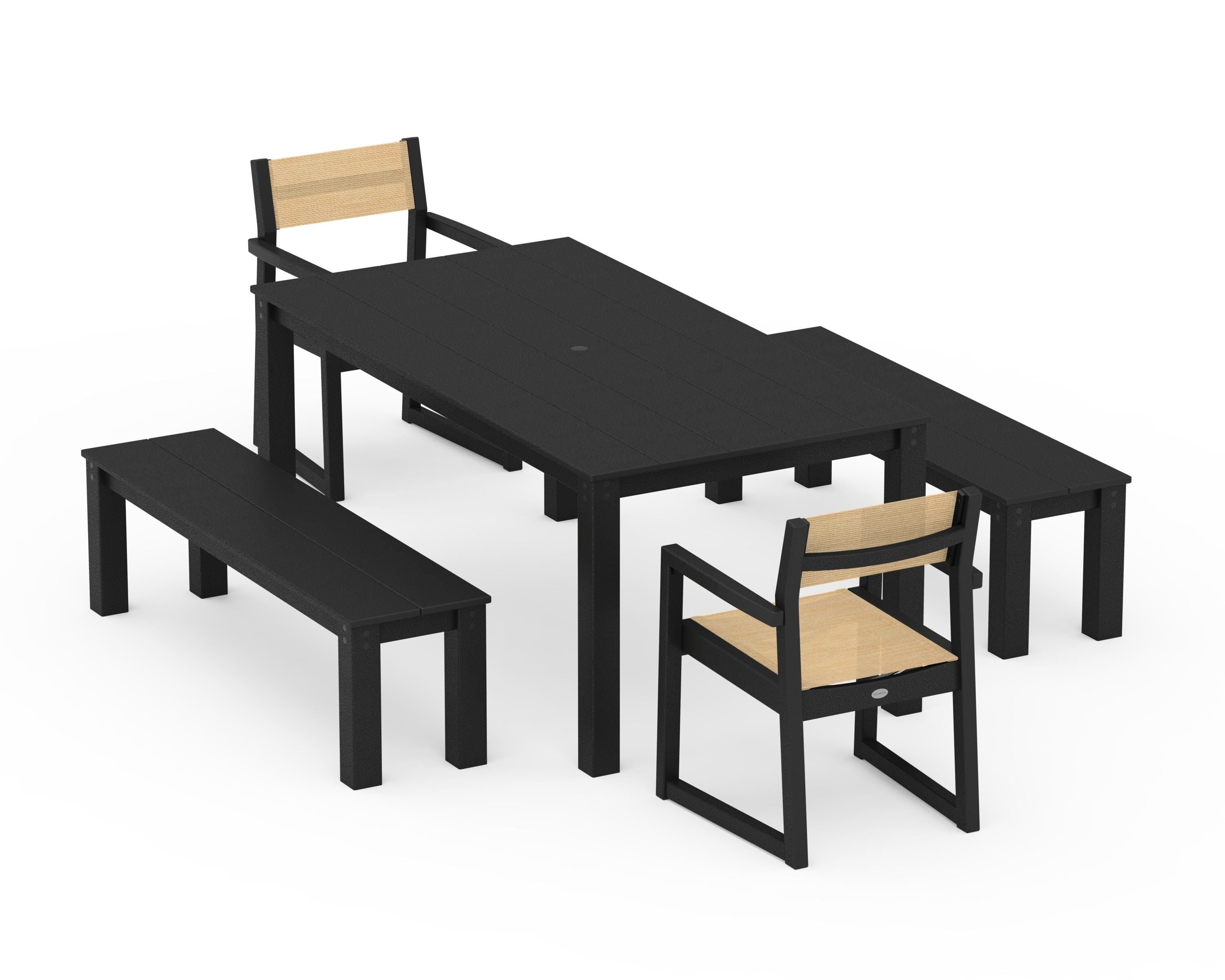 POLYWOOD EDGE Sling Arm Chair 5-Piece Parsons Dining Set with Benches in Black / Dupioni Apricot Sling