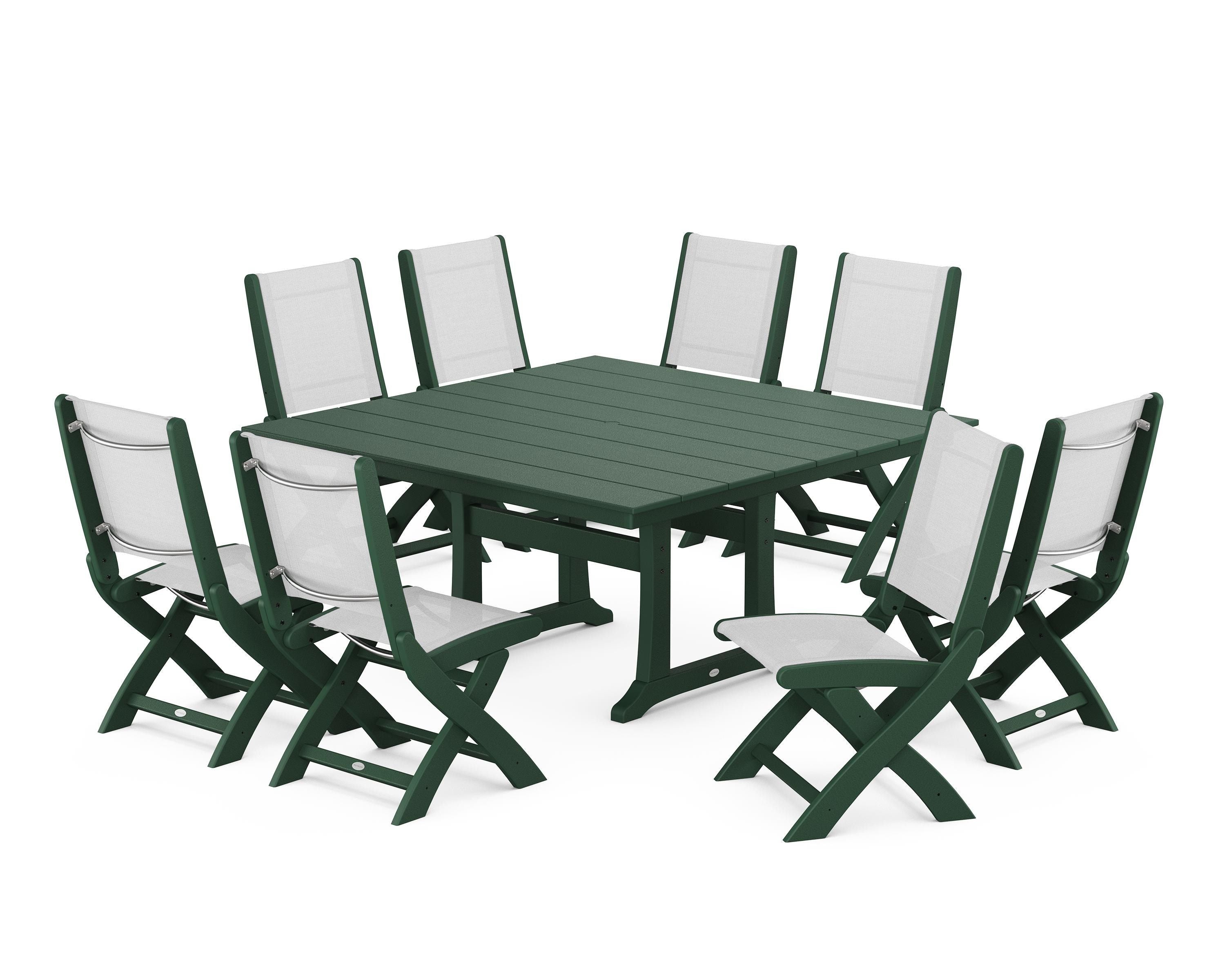 POLYWOOD Coastal Folding Side Chair 9-Piece Farmhouse Dining Set in Green / White Sling