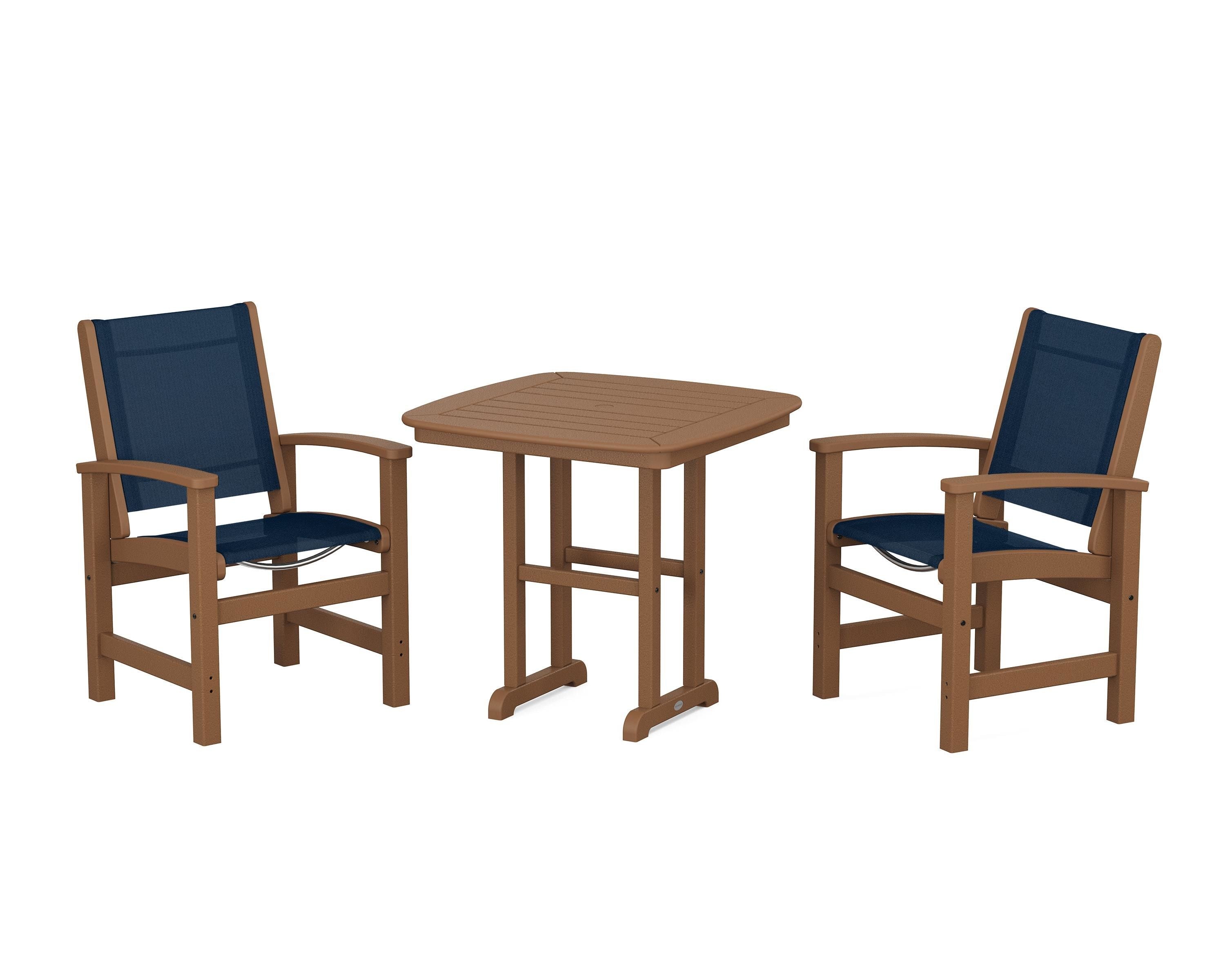 POLYWOOD Coastal 3-Piece Dining Set in Teak / Navy Blue Sling