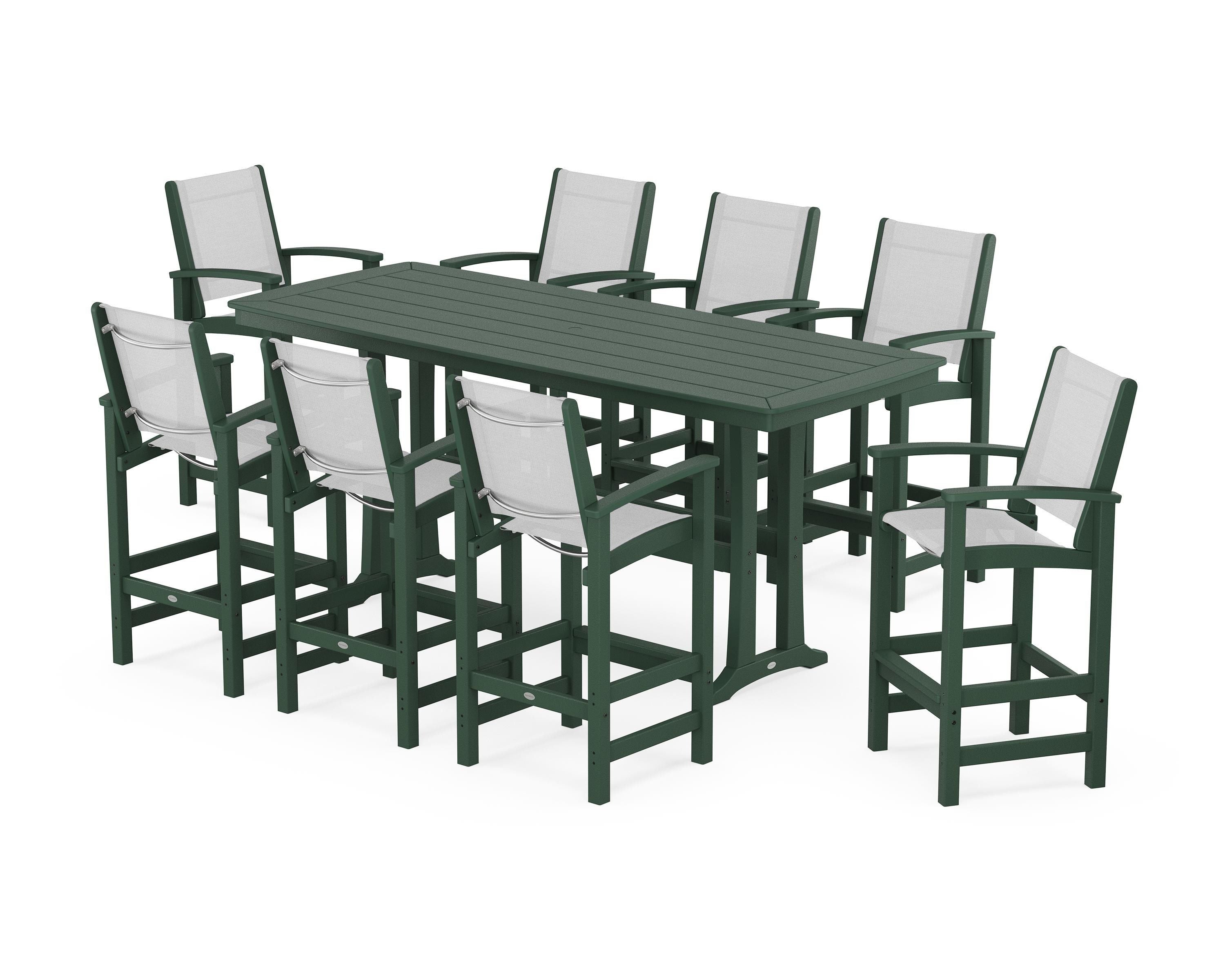 POLYWOOD Coastal 9-Piece Bar Set with Trestle Legs in Green / White Sling