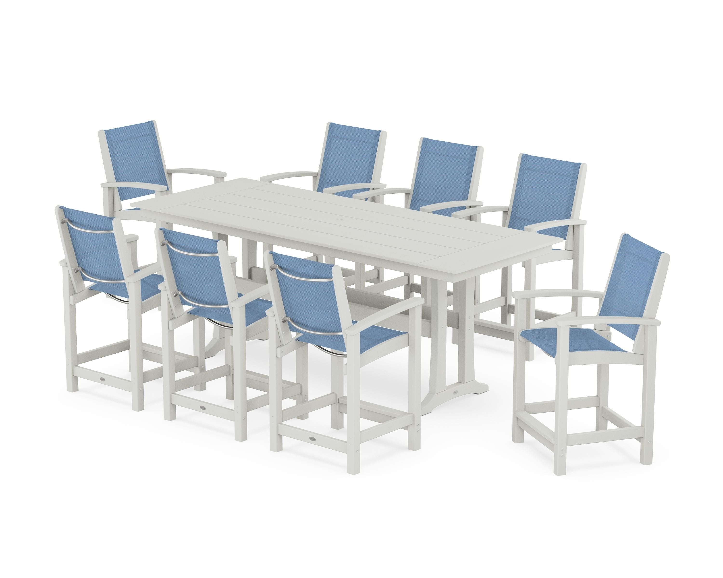 POLYWOOD Coastal 9-Piece Farmhouse Counter Set with Trestle Legs in Vintage White / Poolside Sling