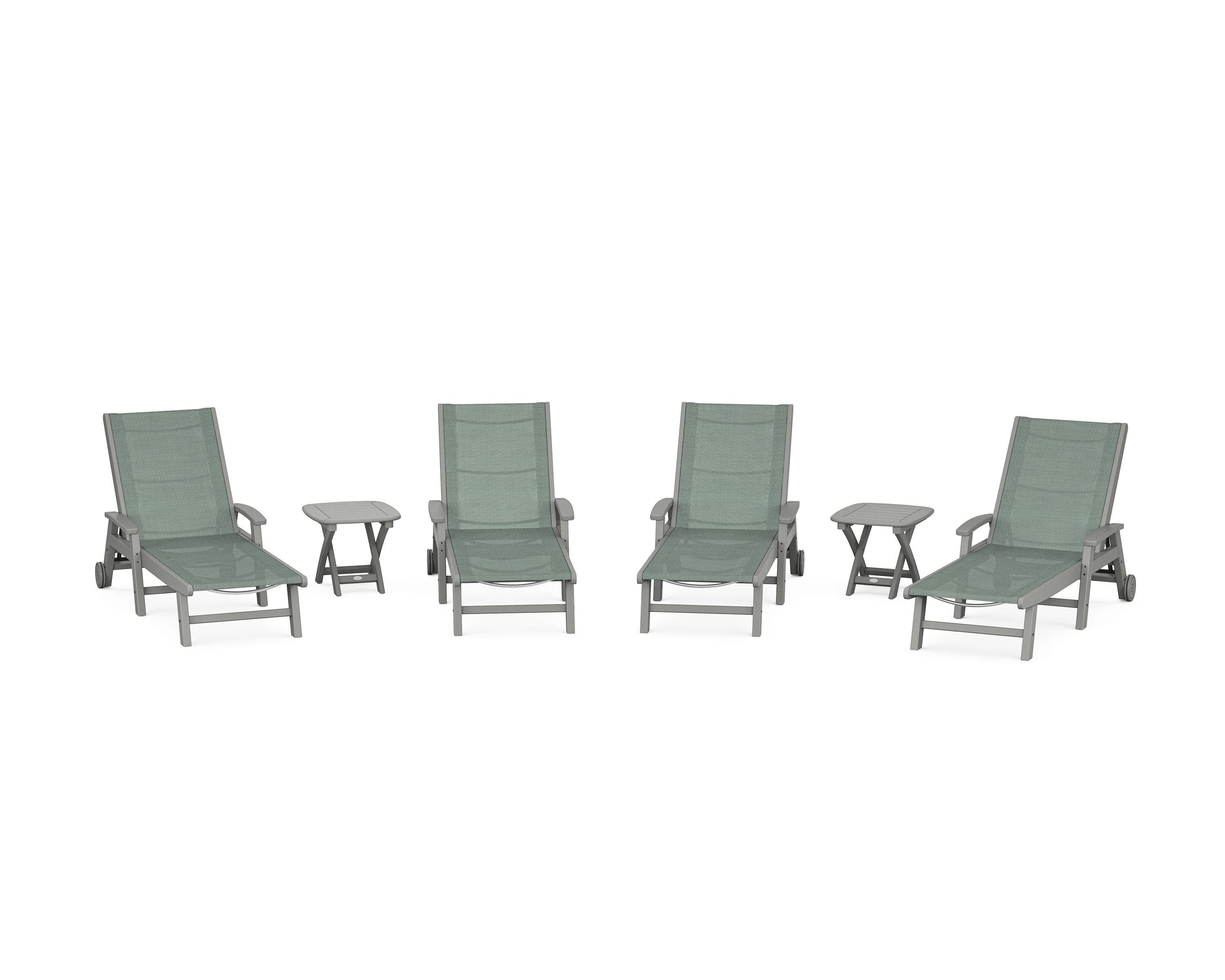 POLYWOOD Coastal Chaise 6-Piece Set with Wheels in Slate Grey / Dupioni Sea Mist Sling