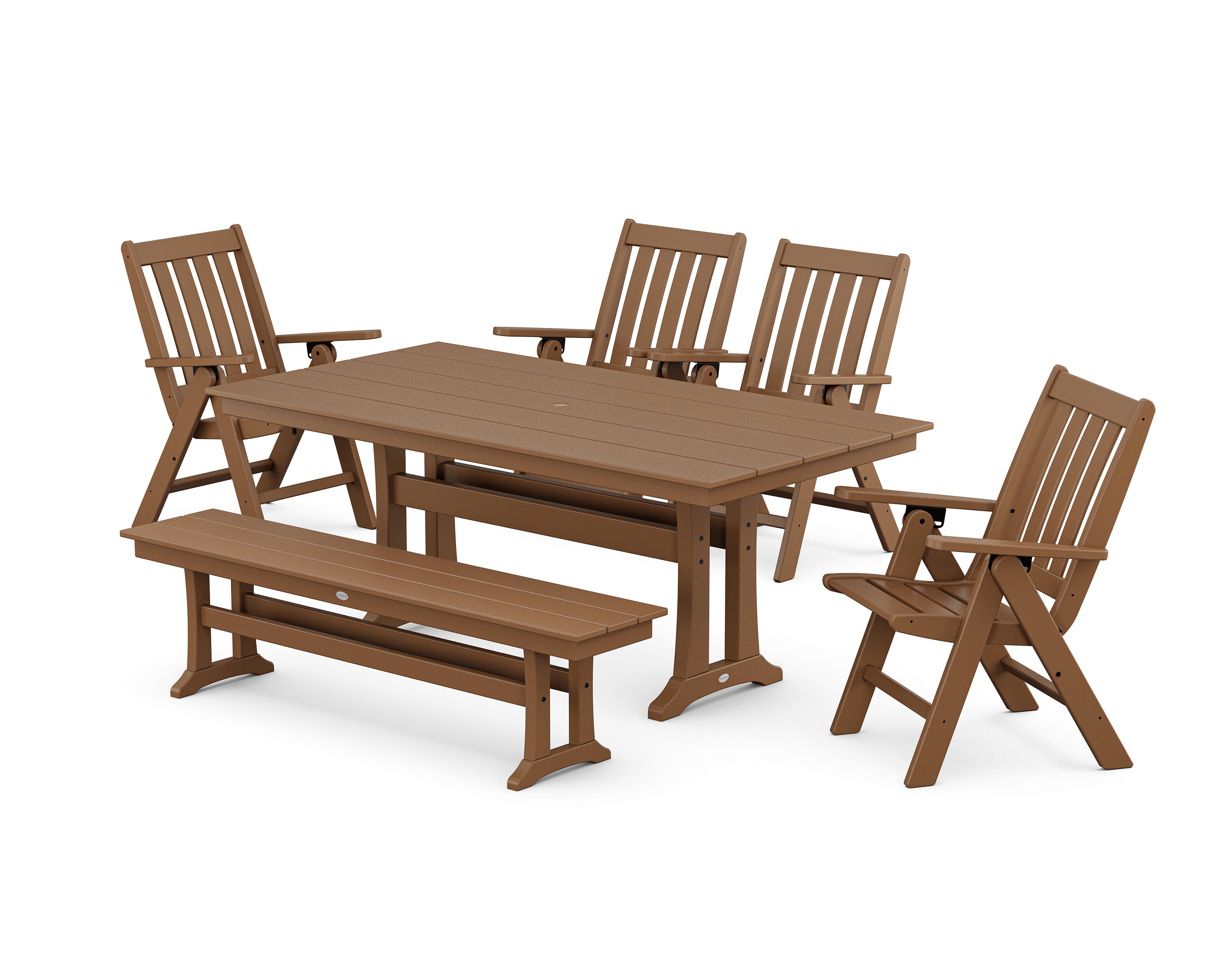 POLYWOOD Vineyard 6-Piece Folding Chair Farmhouse Dining Set with Trestle Legs and Bench in Teak