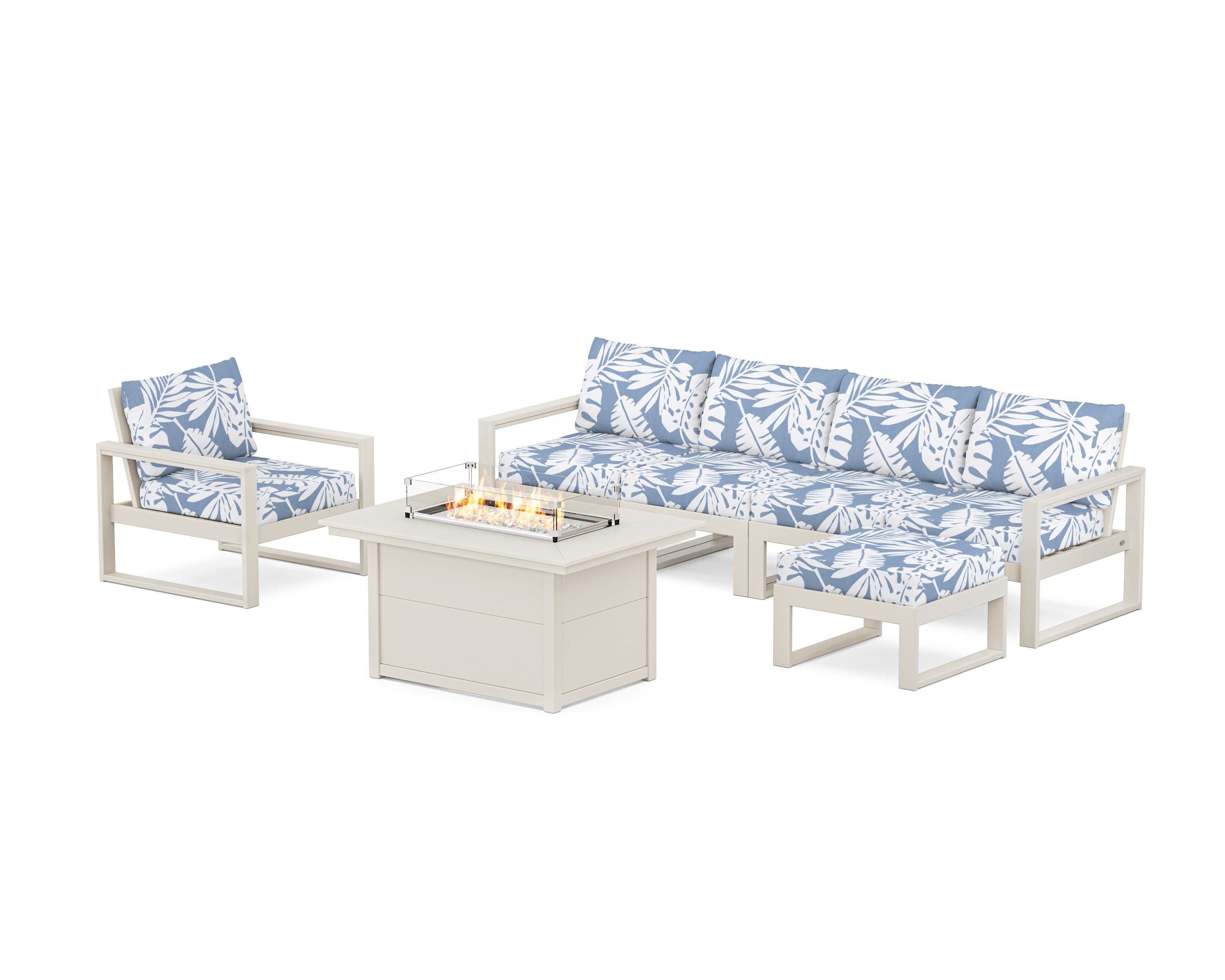 POLYWOOD EDGE Sectional Lounge and Fire Pit Set in Sand / Leaf Sky Blue