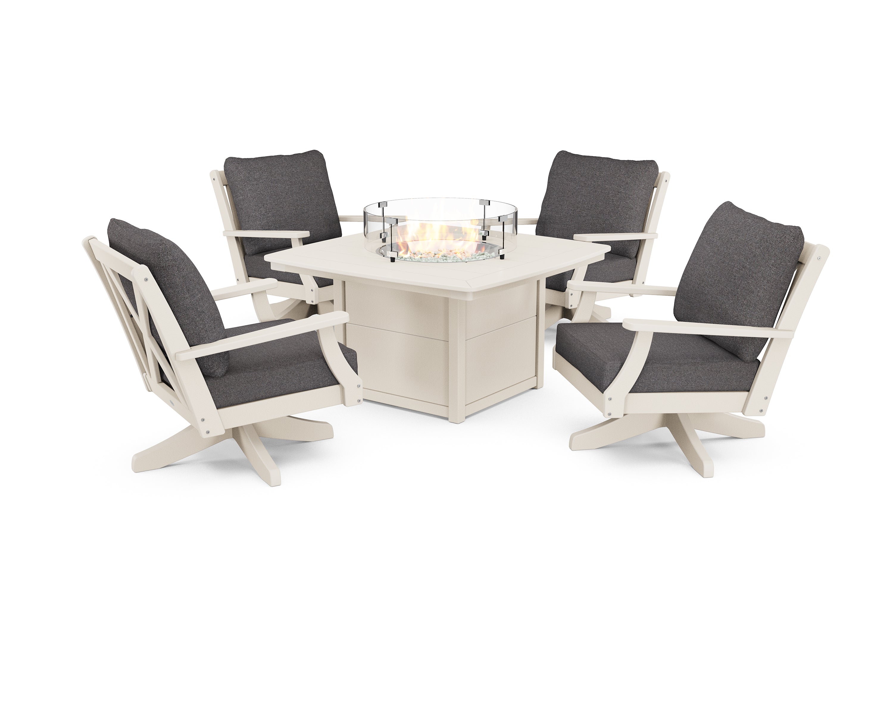 POLYWOOD Braxton 5-Piece Deep Seating Swivel Conversation Set with Fire Pit Table in Sand / Ash Charcoal