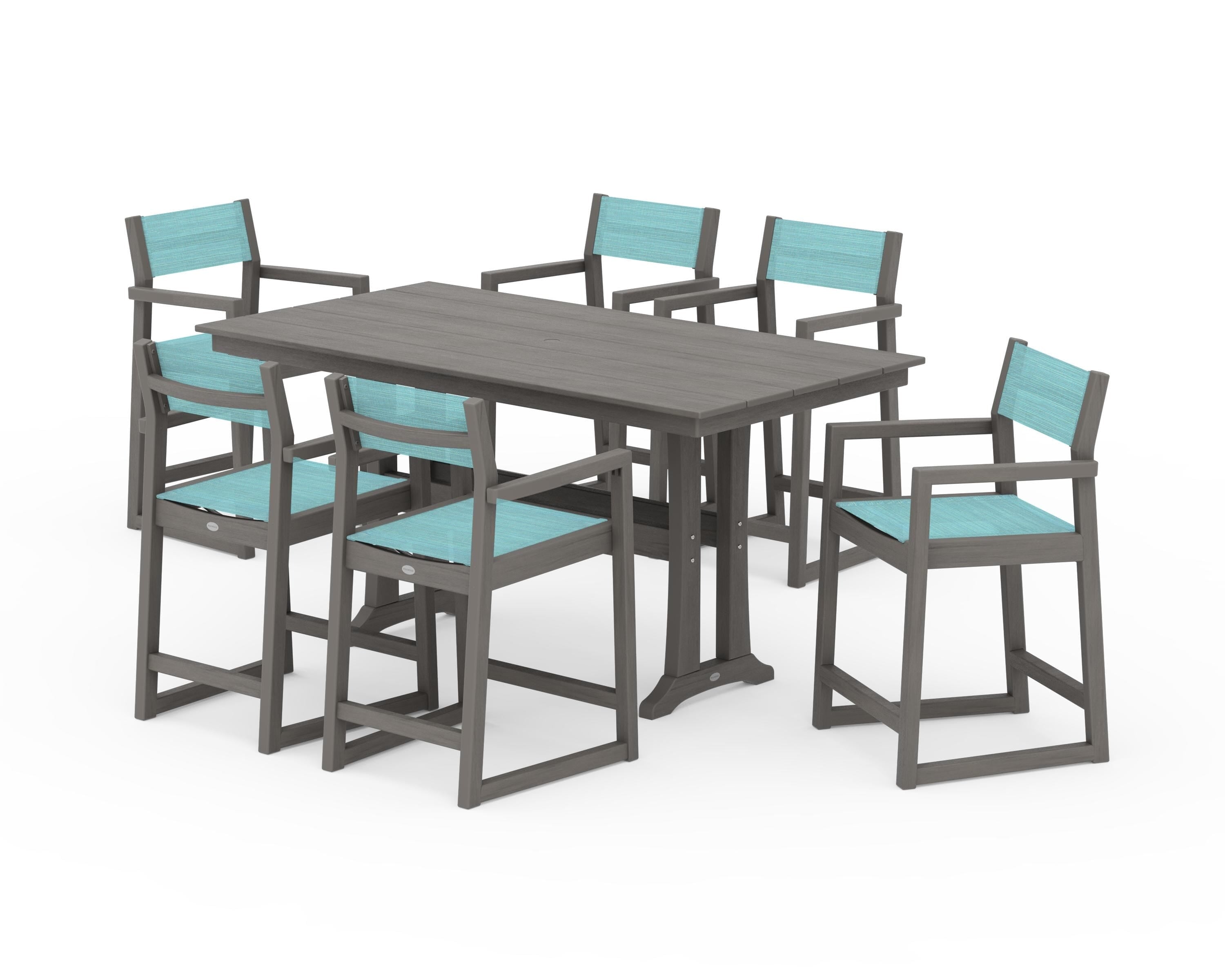 POLYWOOD EDGE Sling Arm Chair 7-Piece Farmhouse Counter Set with Trestle Legs in Driftwood / Dupioni Aquamarine Sling