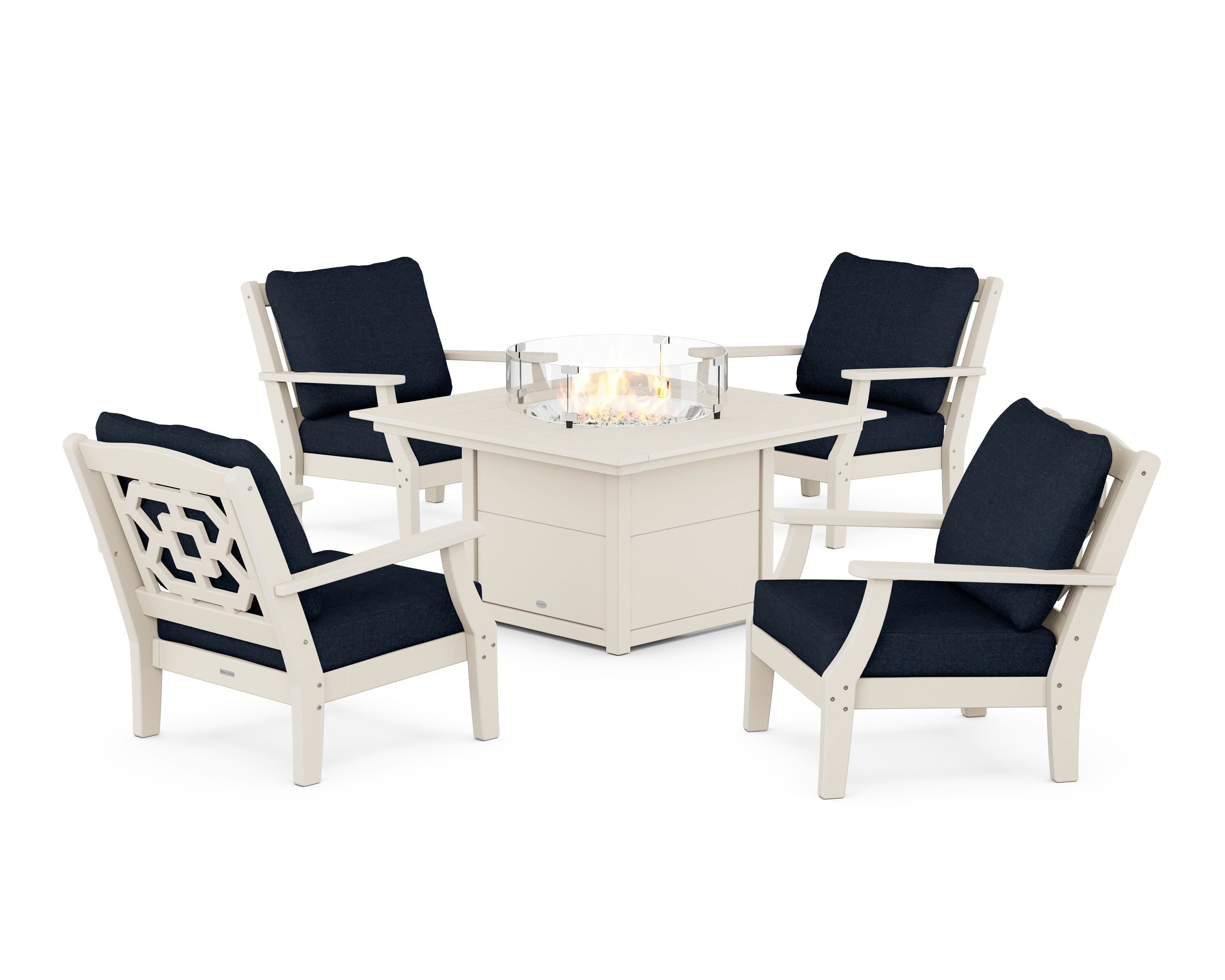 Martha Stewart by POLYWOOD Chinoiserie 5-Piece Deep Seating Set with Fire Pit Table in Sand / Marine Indigo
