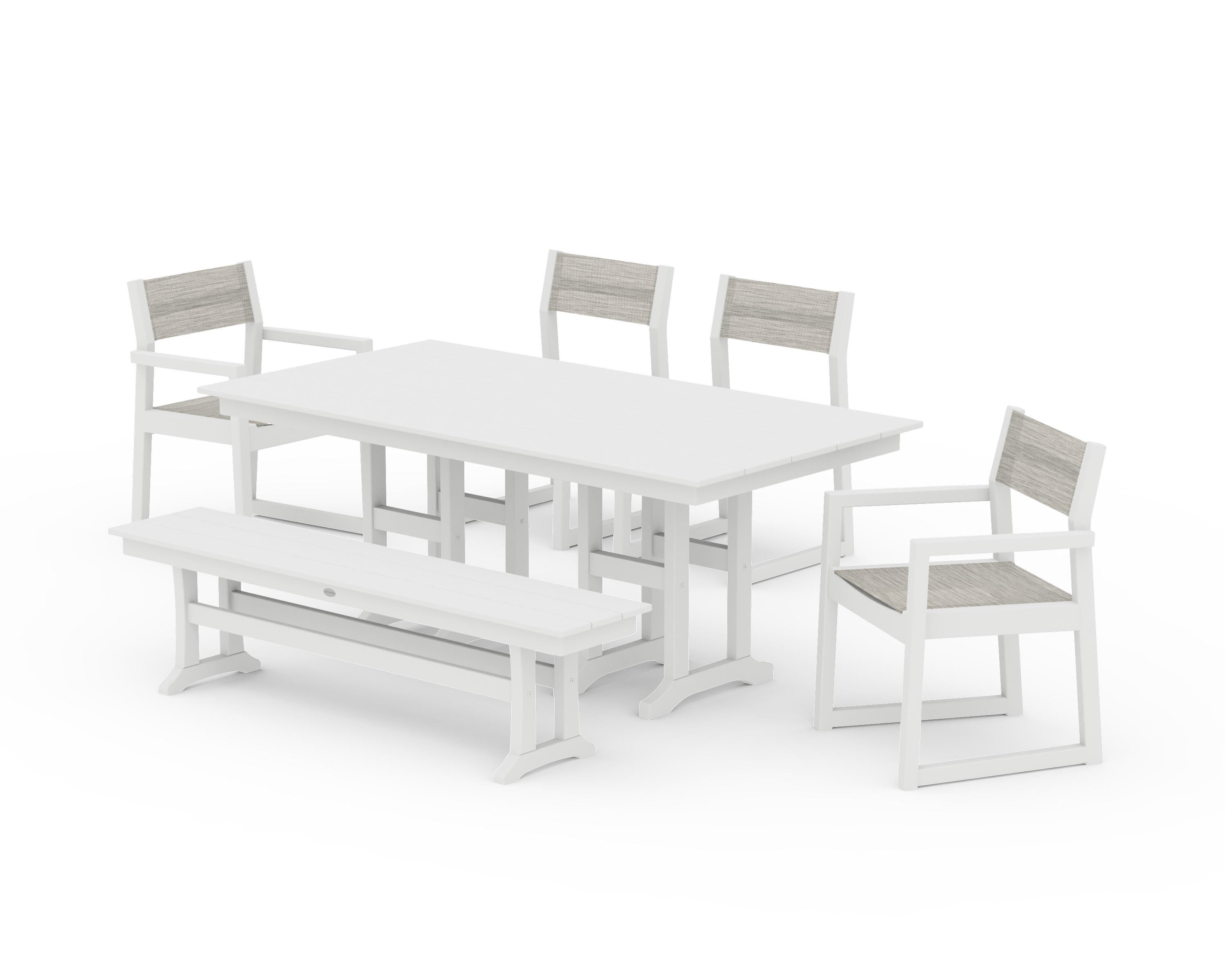 POLYWOOD EDGE Sling 6-Piece Farmhouse Dining Set in White / Birch Sling