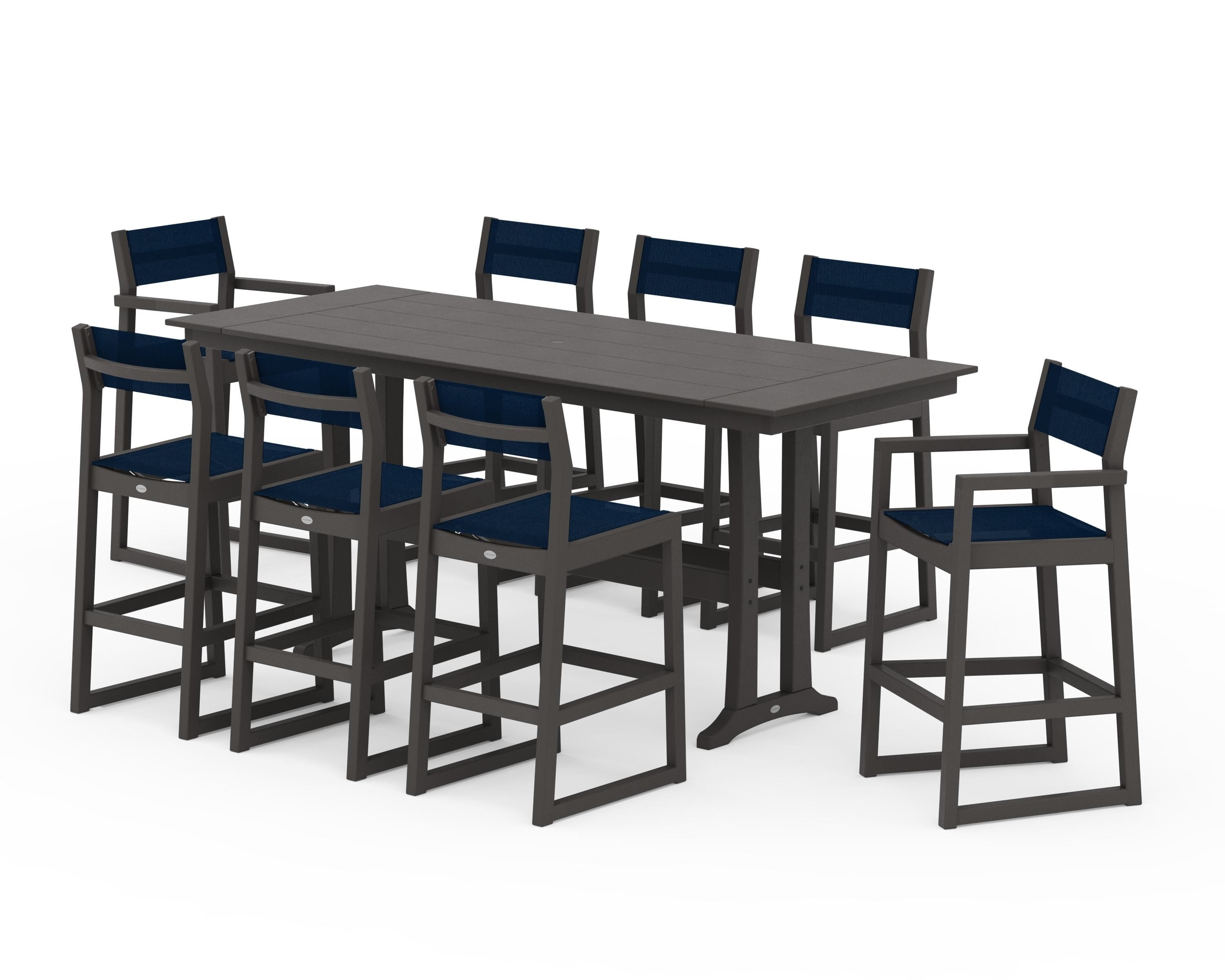 POLYWOOD EDGE Sling 9-Piece Farmhouse Bar Set with Trestle Legs in Vintage Coffee / Navy Blue Sling