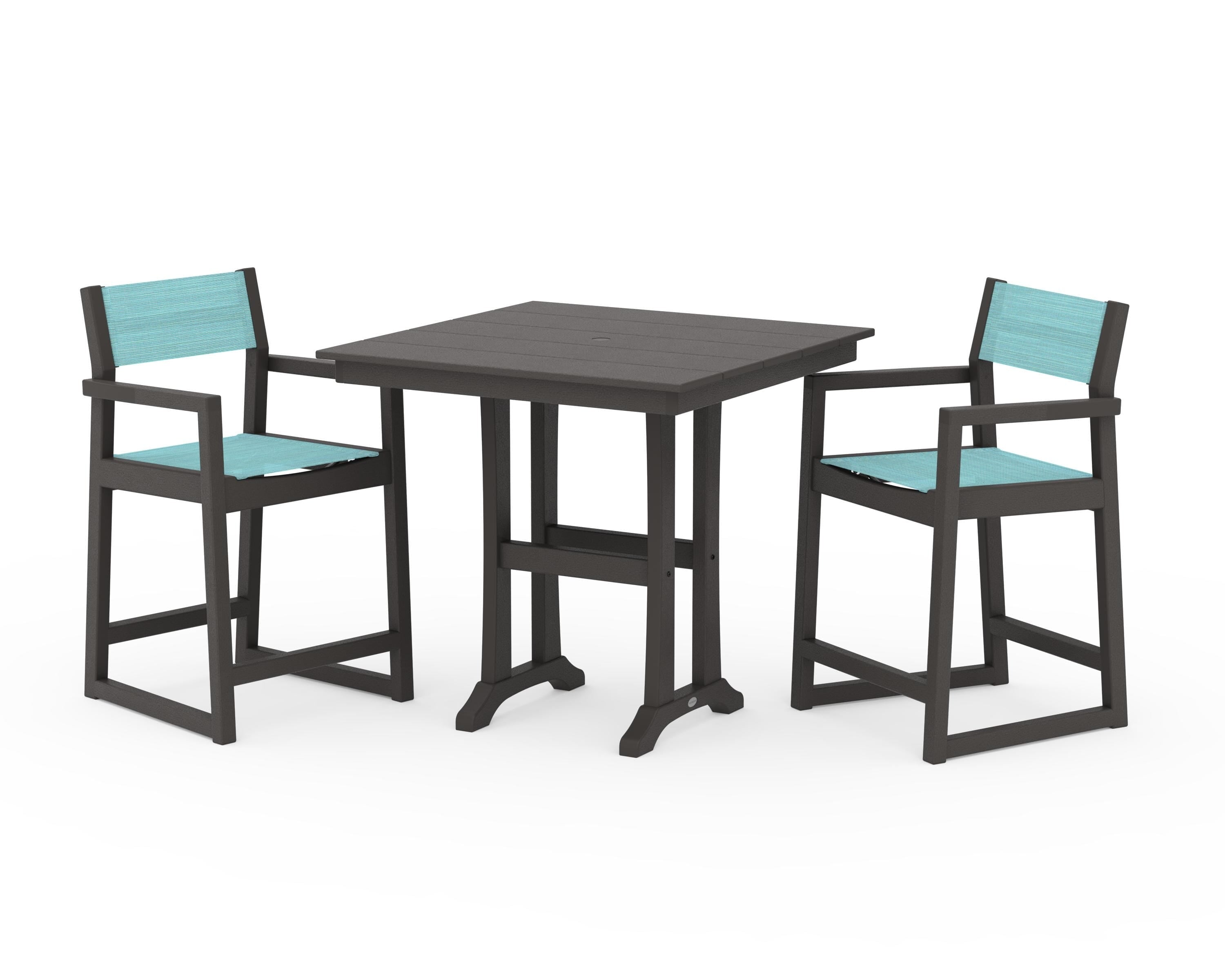 POLYWOOD EDGE Sling Arm Chair 3-Piece Farmhouse Counter Set with Trestle Legs in Vintage Coffee / Dupioni Aquamarine Sling