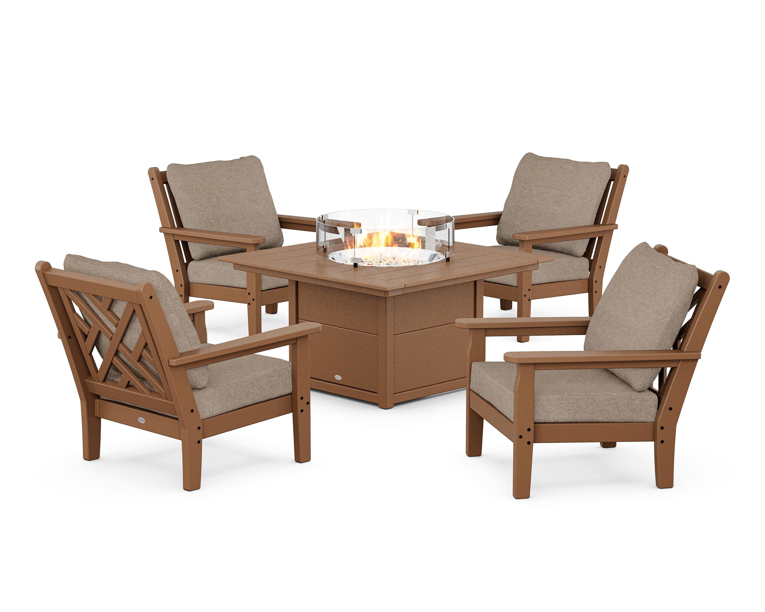 POLYWOOD Chippendale 5-Piece Deep Seating Set with Fire Pit Table in Teak / Spiced Burlap