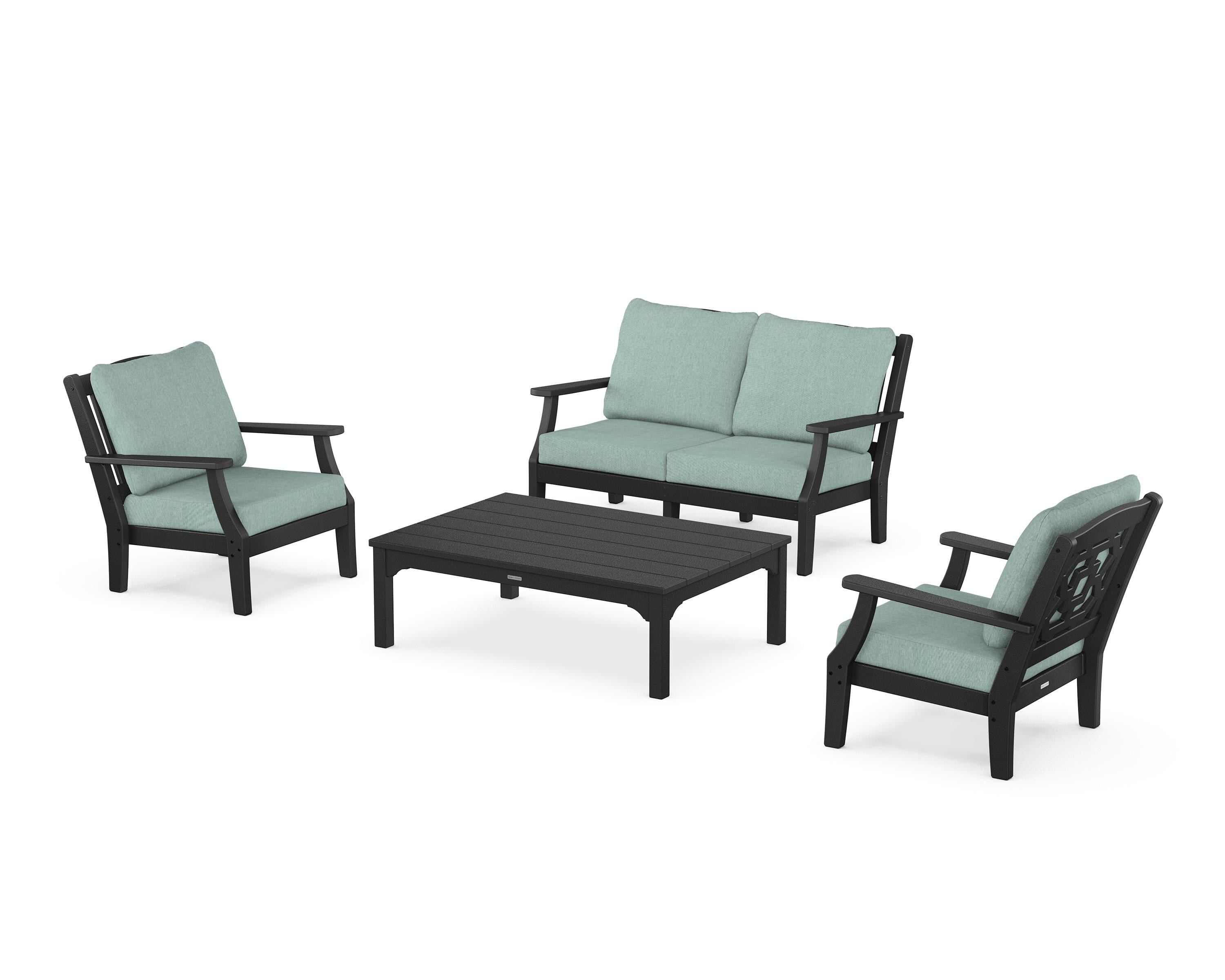 Martha Stewart by POLYWOOD Chinoiserie 4-Piece Deep Seating Set with Loveseat in Black / Glacier Spa