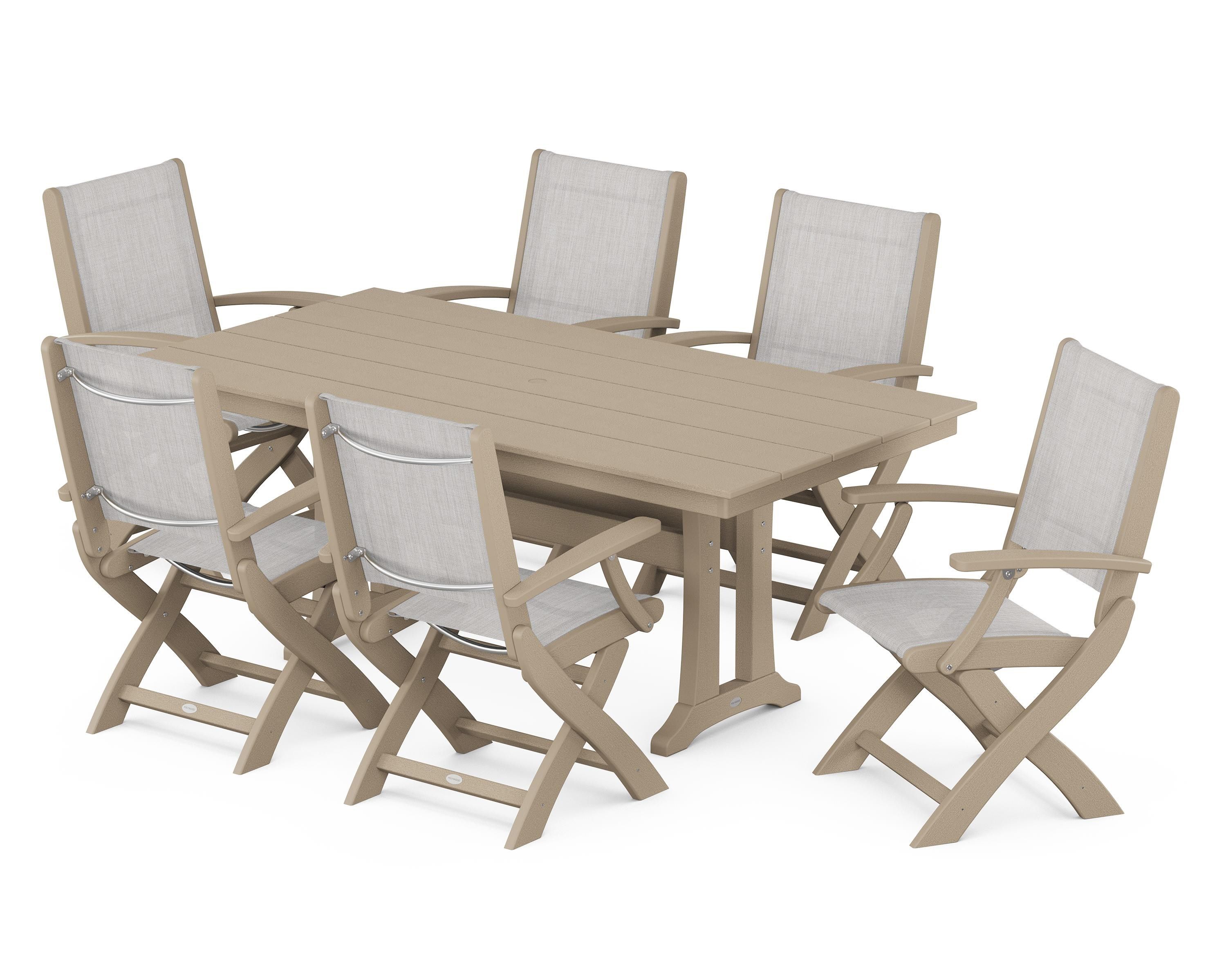 POLYWOOD Coastal Folding Arm Chair 7-Piece Farmhouse Dining Set with Trestle Legs in Vintage Sahara / Parchment Sling