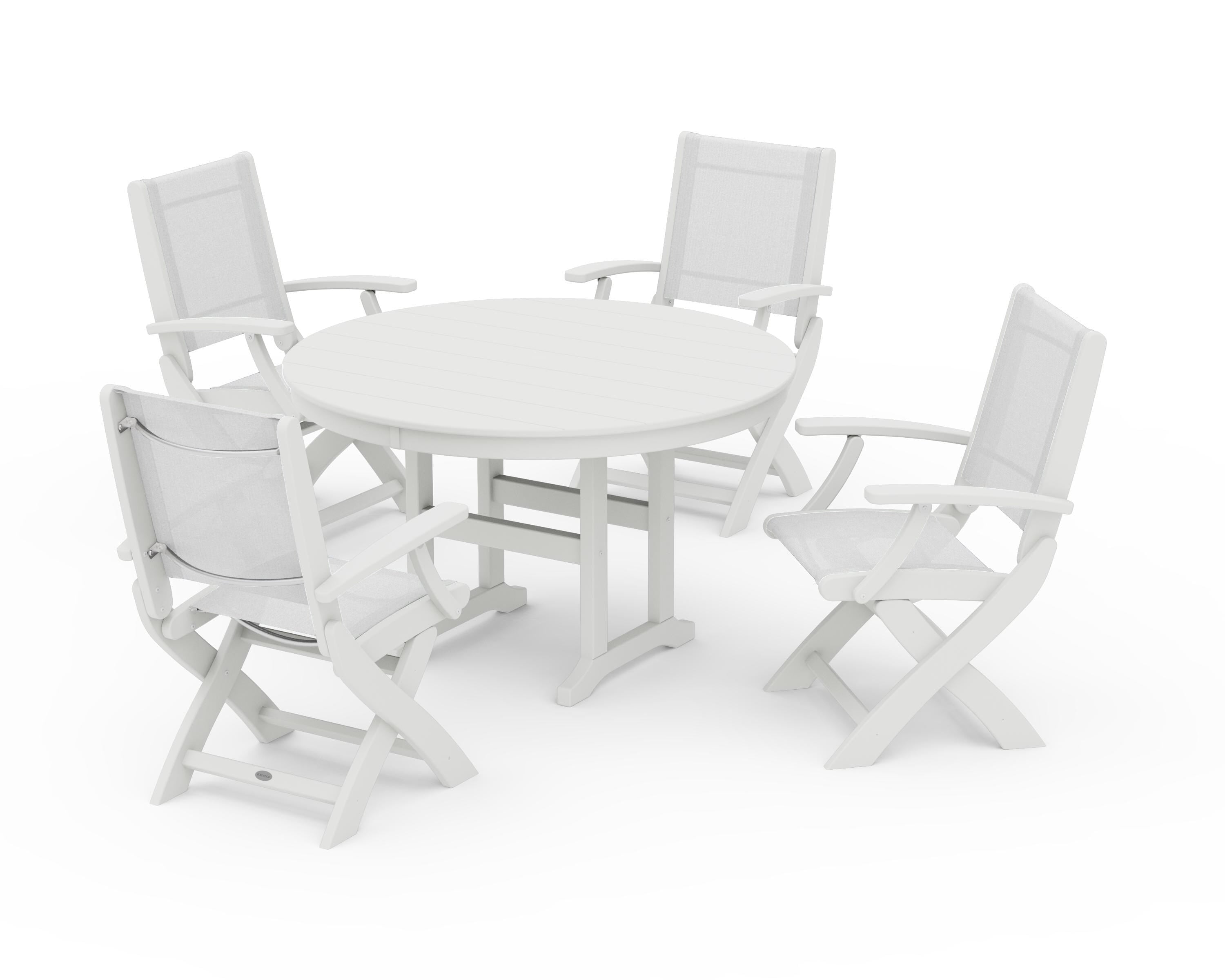 POLYWOOD Coastal Folding Chair 5-Piece Round Dining Set in Vintage White / White Sling
