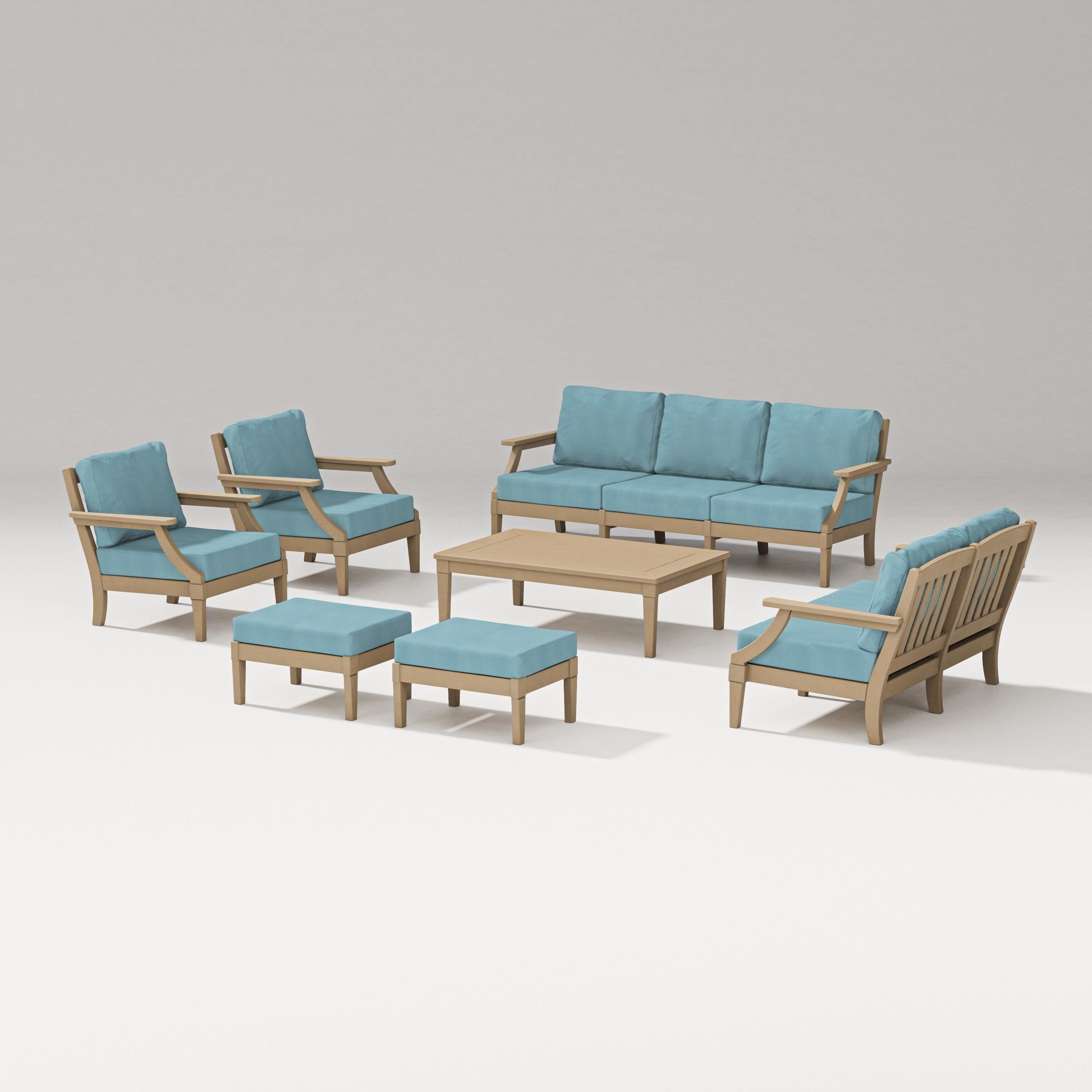 PW Designer Series Estate 7-Piece Lounge Sofa Set in Vintage Sahara / Lattice Sky Blue