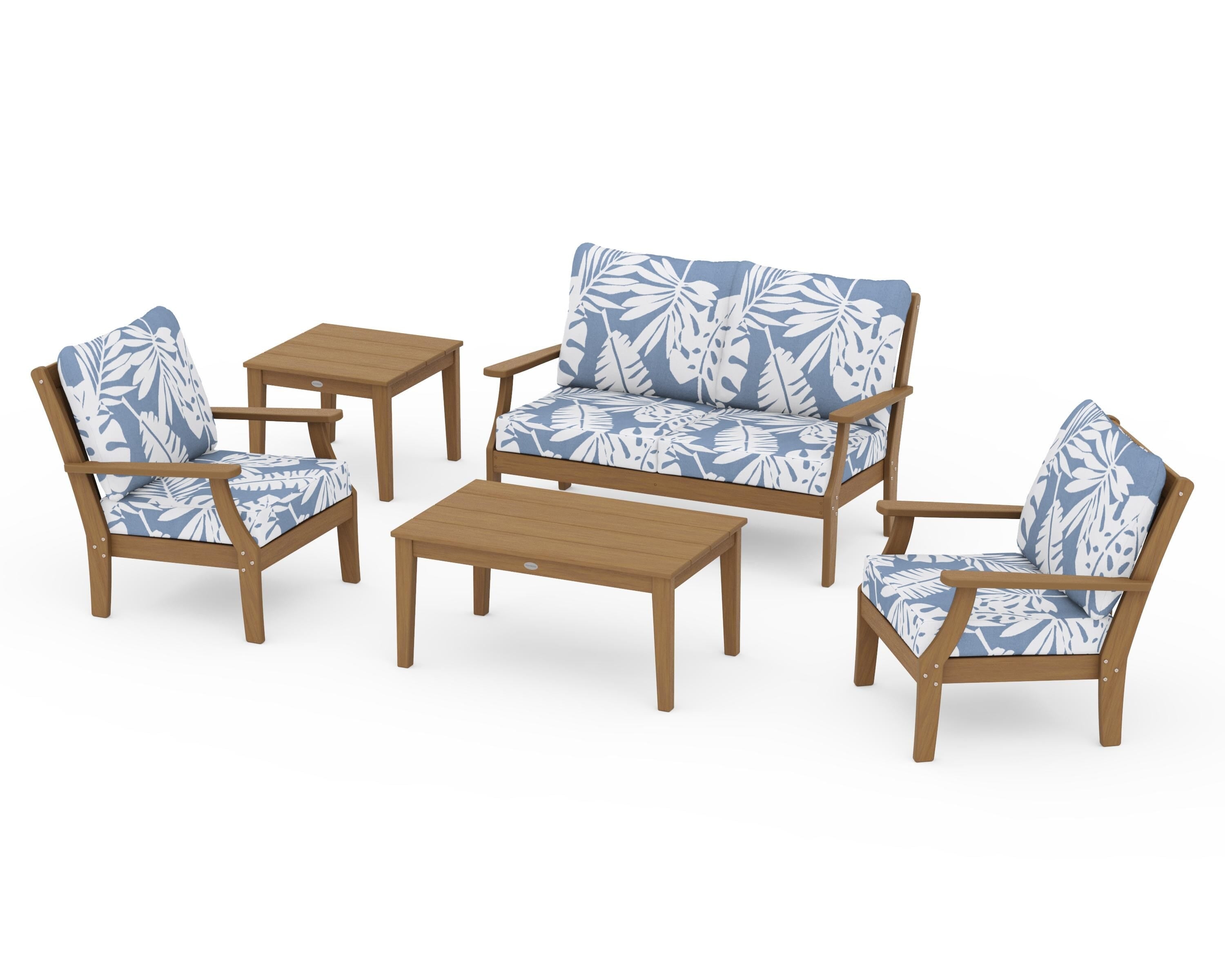POLYWOOD Braxton 5-Piece Deep Seating Set in Natural / Leaf Sky Blue