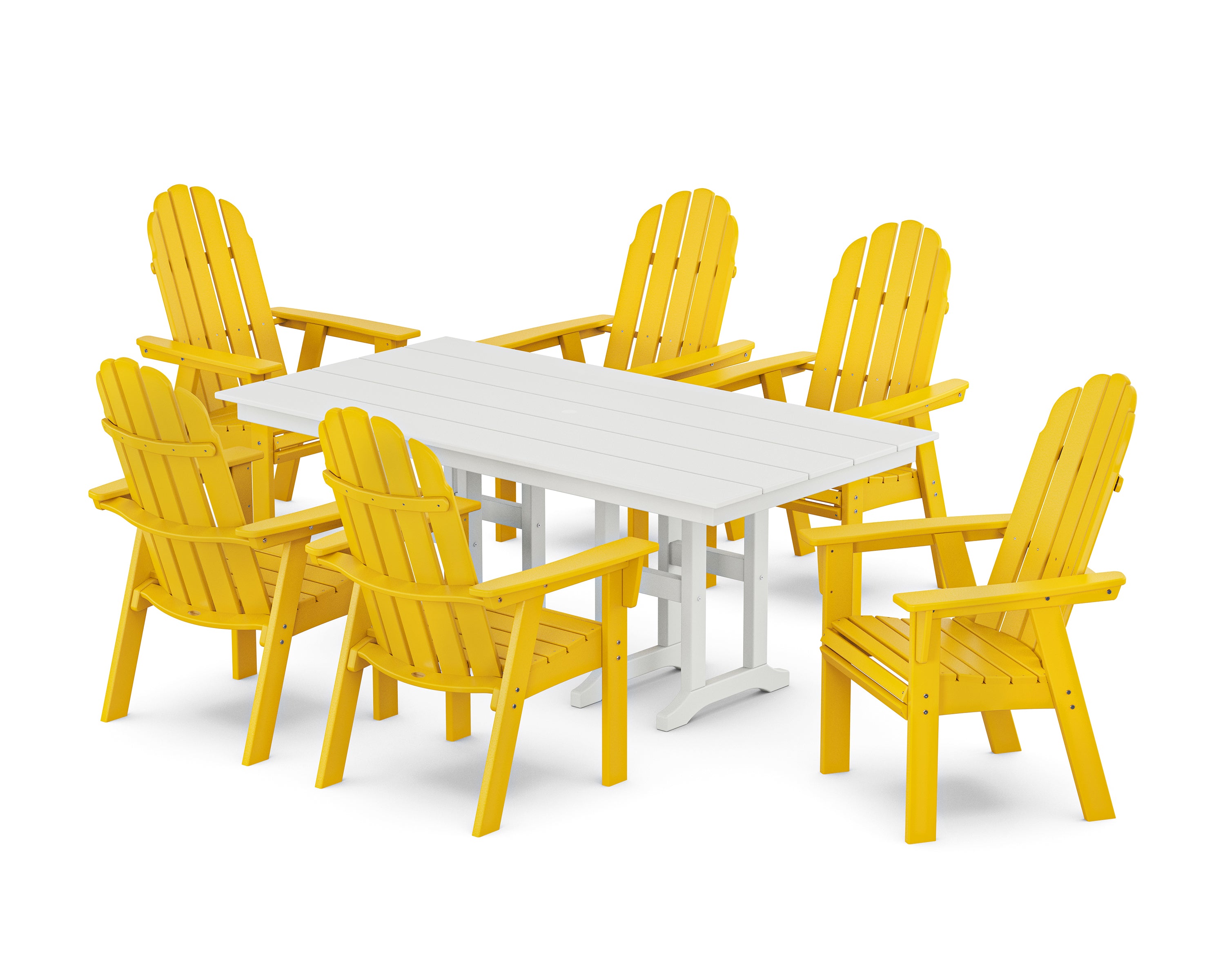 POLYWOOD Vineyard Curveback Adirondack Chair 7-Piece Farmhouse Dining Set in Lemon / White