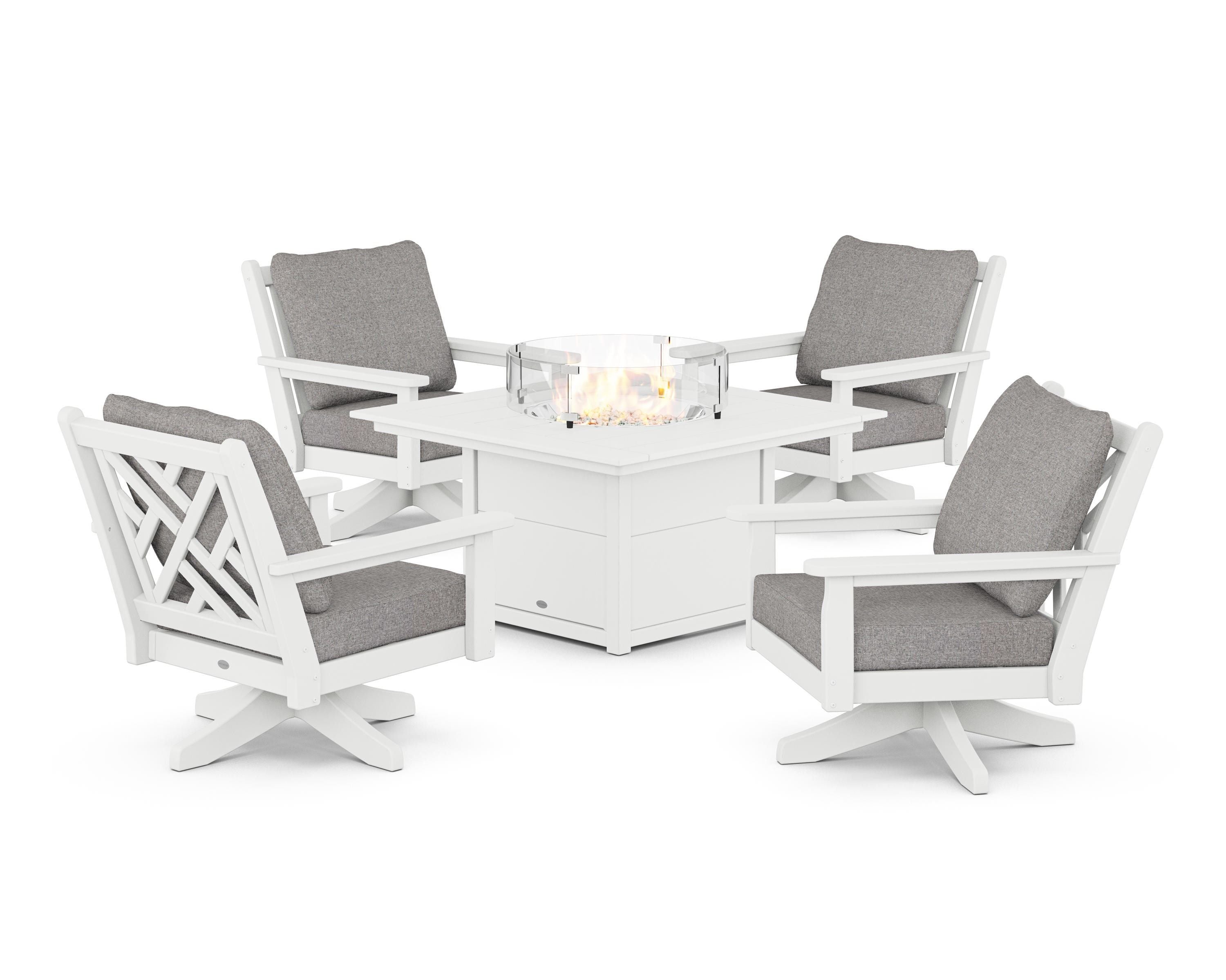 POLYWOOD Chippendale 5-Piece Deep Seating Swivel Conversation Set with Fire Pit Table in White / Grey Mist