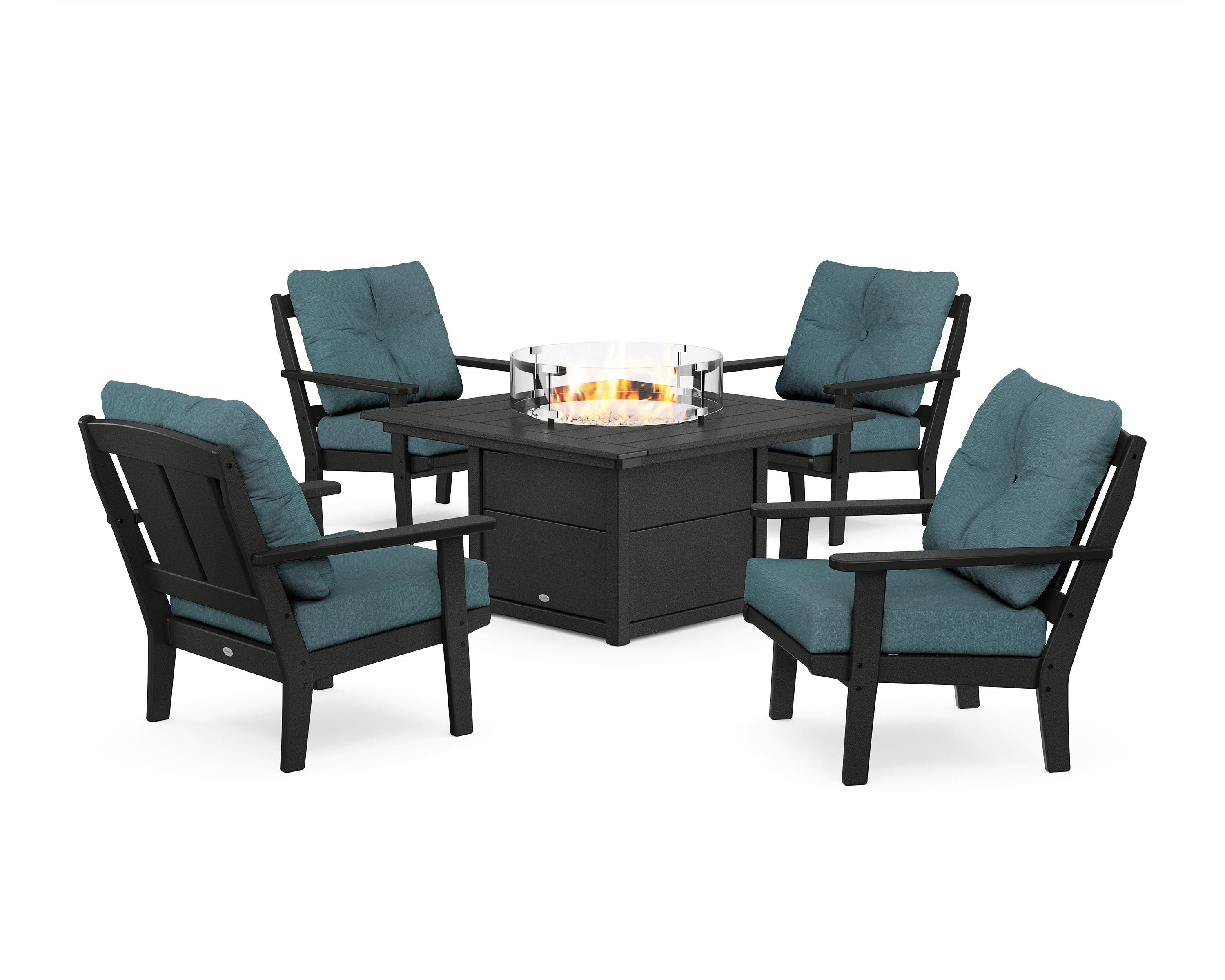 POLYWOOD Mission 5-Piece Deep Seating Set with Fire Pit Table in Black / Ocean Teal