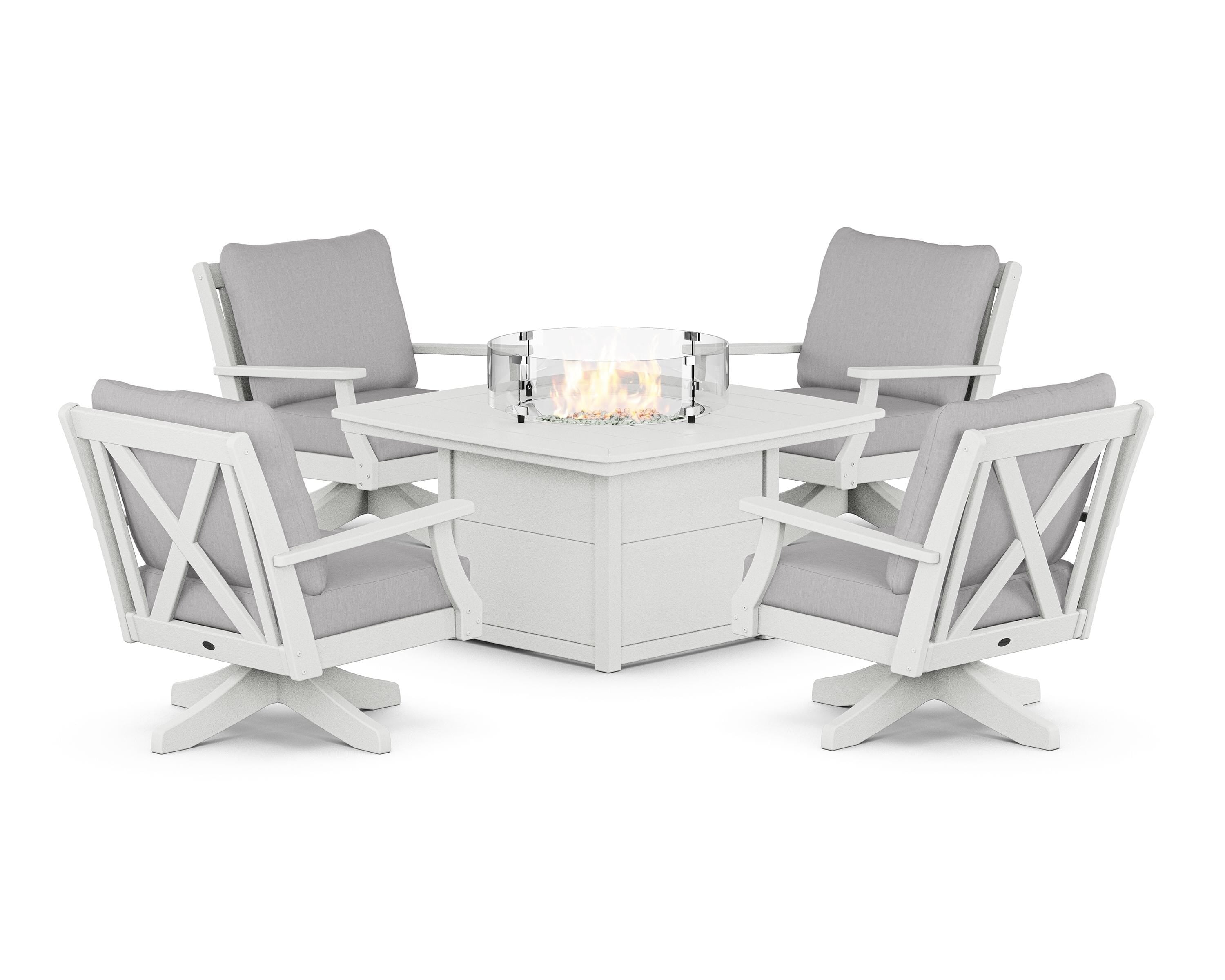 POLYWOOD Braxton 5-Piece Deep Seating Swivel Conversation Set with Fire Pit Table in Vintage White / Granite