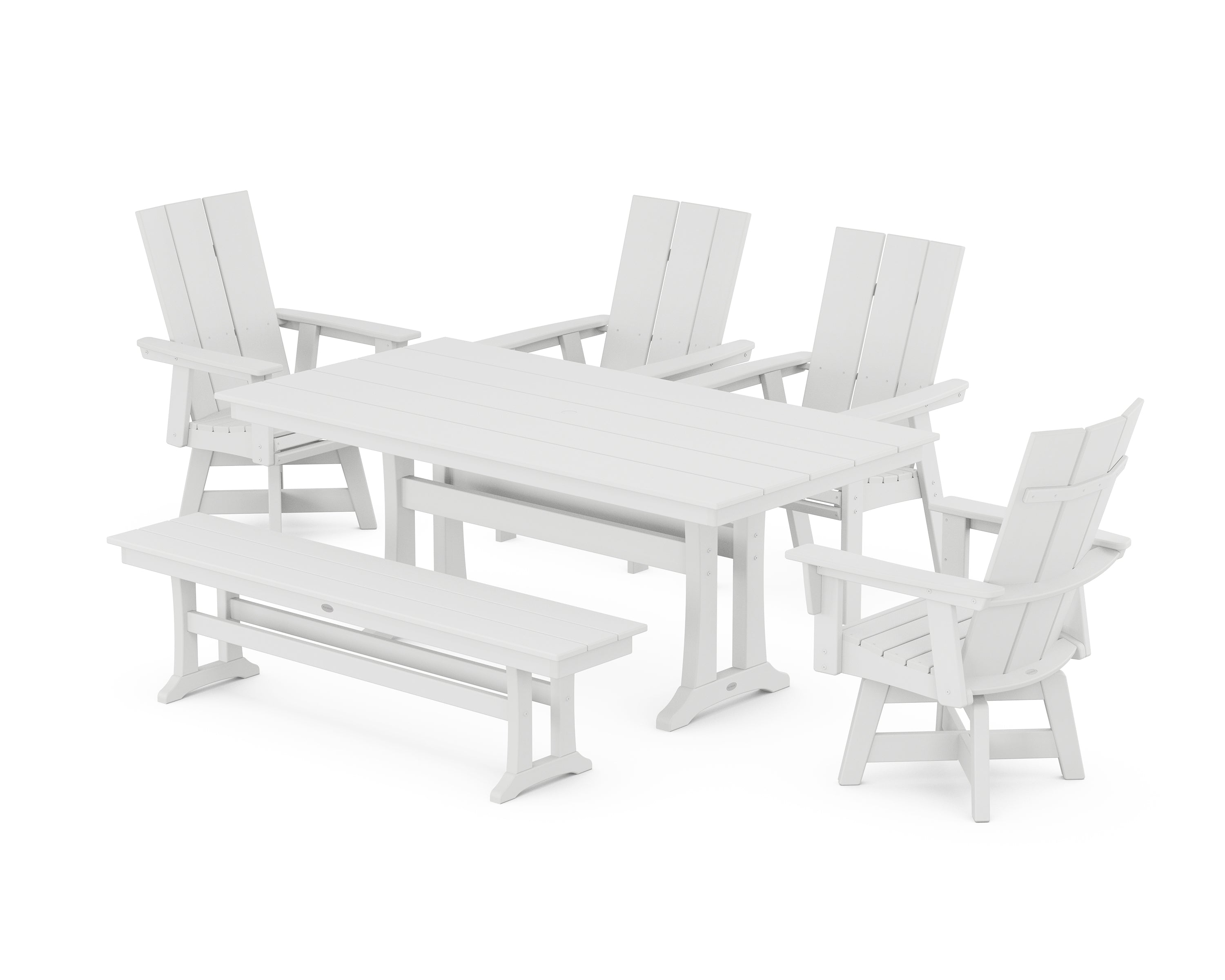 POLYWOOD® Modern Curveback Adirondack Swivel Chair 6-Piece Farmhouse Dining Set With Trestle Legs and Bench in White