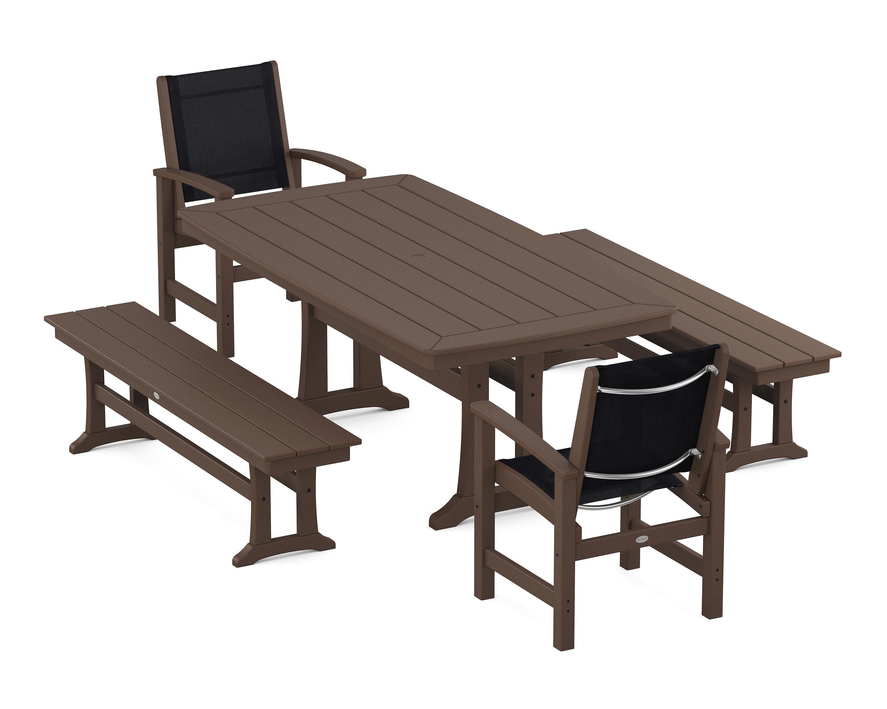 POLYWOOD Coastal 5-Piece Dining Set with Trestle Legs and Benches in Mahogany / Black Sling