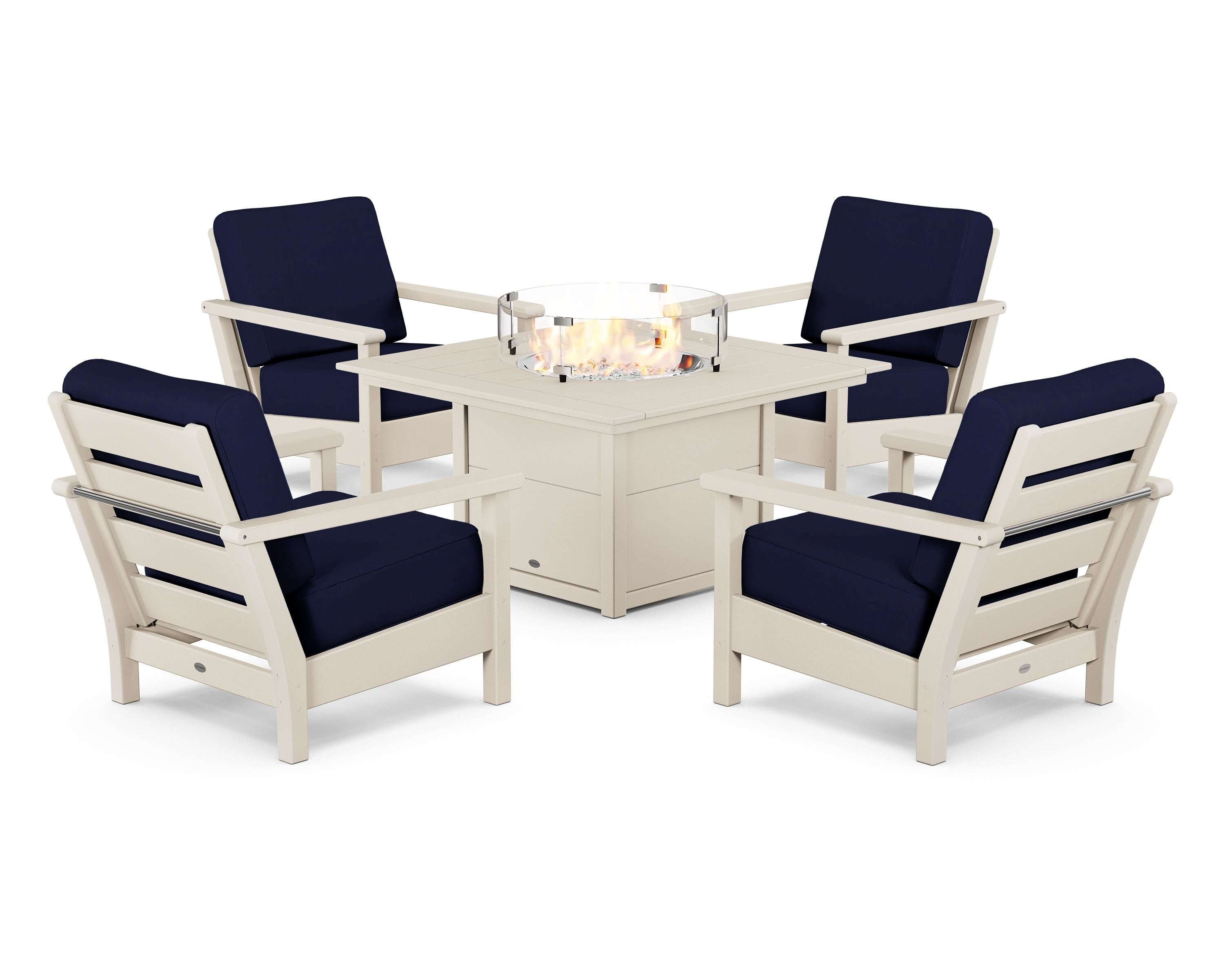 POLYWOOD Harbour 5-Piece Conversation Set with Fire Pit Table in Sand / Navy