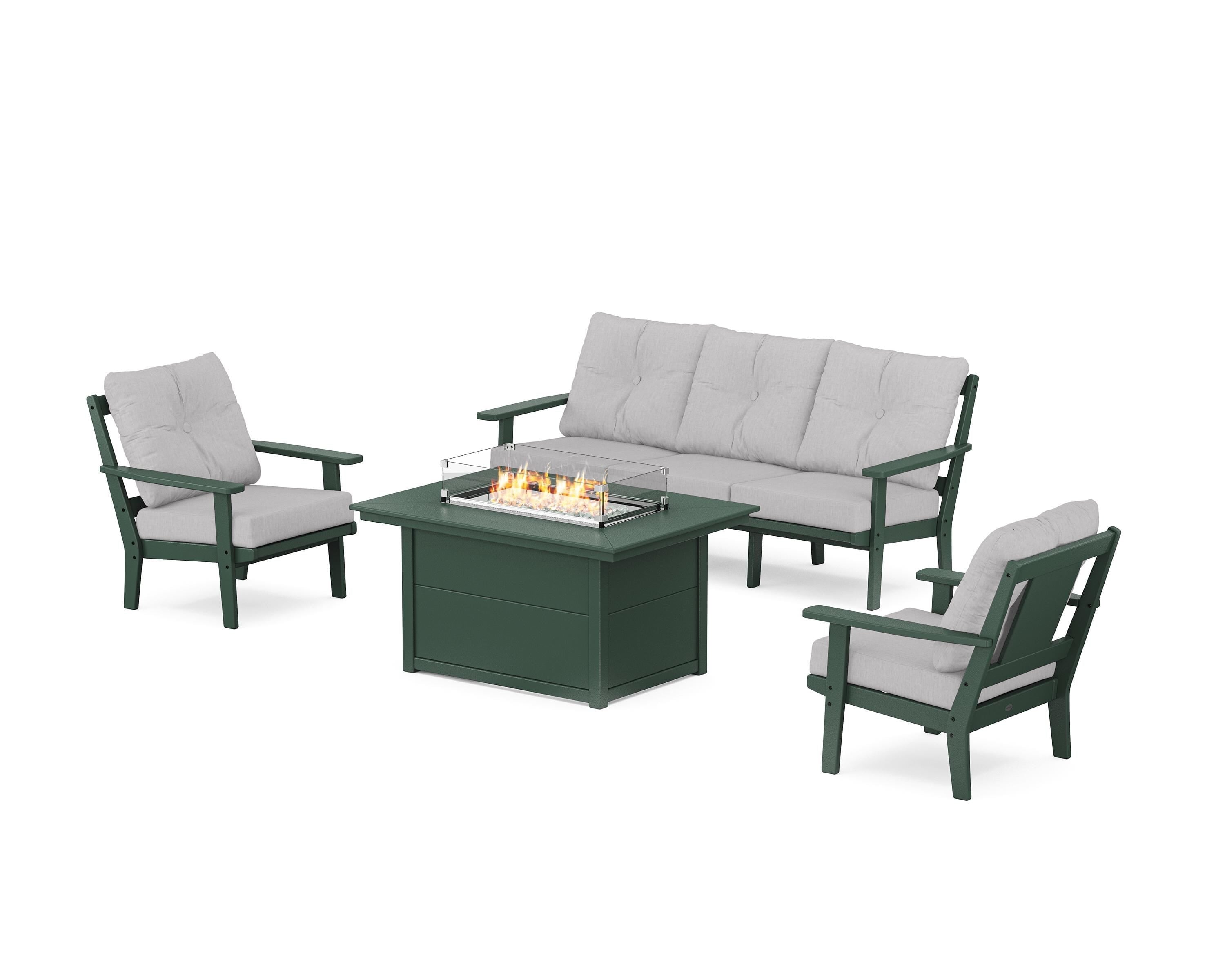 POLYWOOD Prairie Deep Seating Fire Pit Table Set in Green / Granite