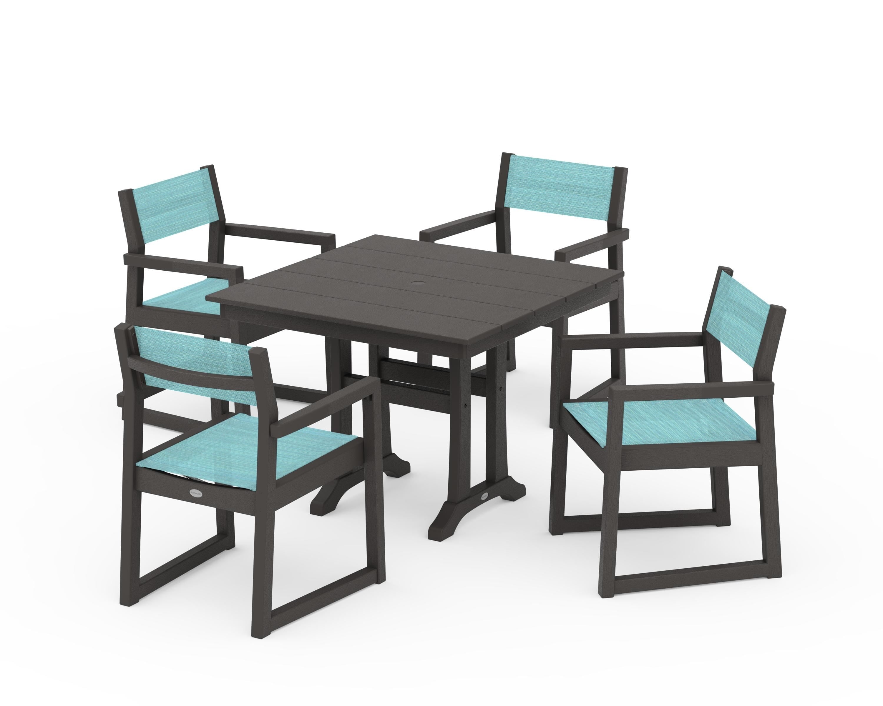 POLYWOOD EDGE Sling 5-Piece Farmhouse Dining Set with Trestle Legs in Vintage Coffee / Dupioni Aquamarine Sling