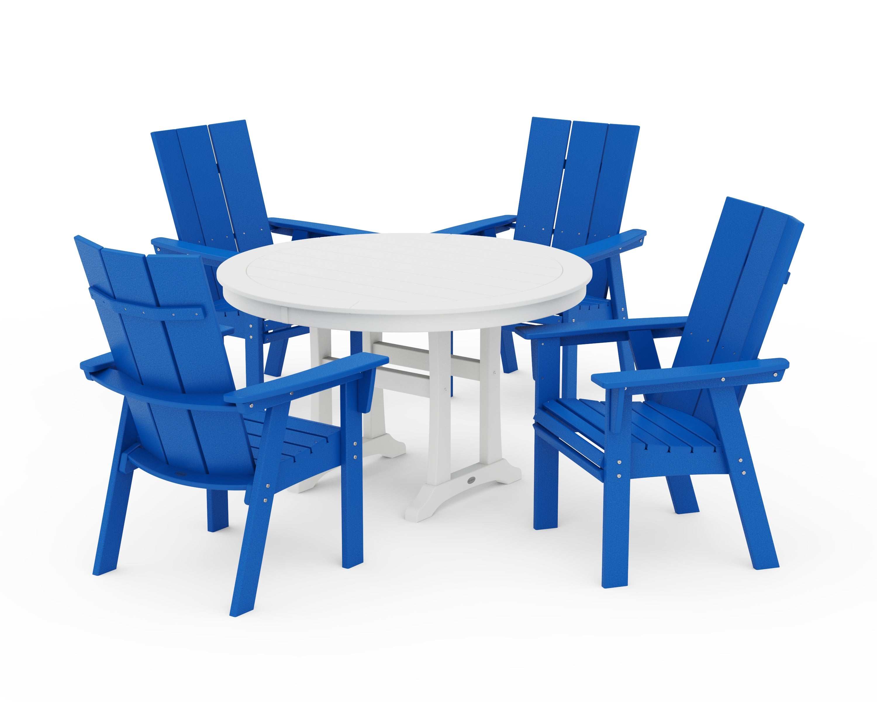 POLYWOOD Modern Curveback Adirondack 5-Piece Nautical Trestle Dining Set in Pacific Blue / White