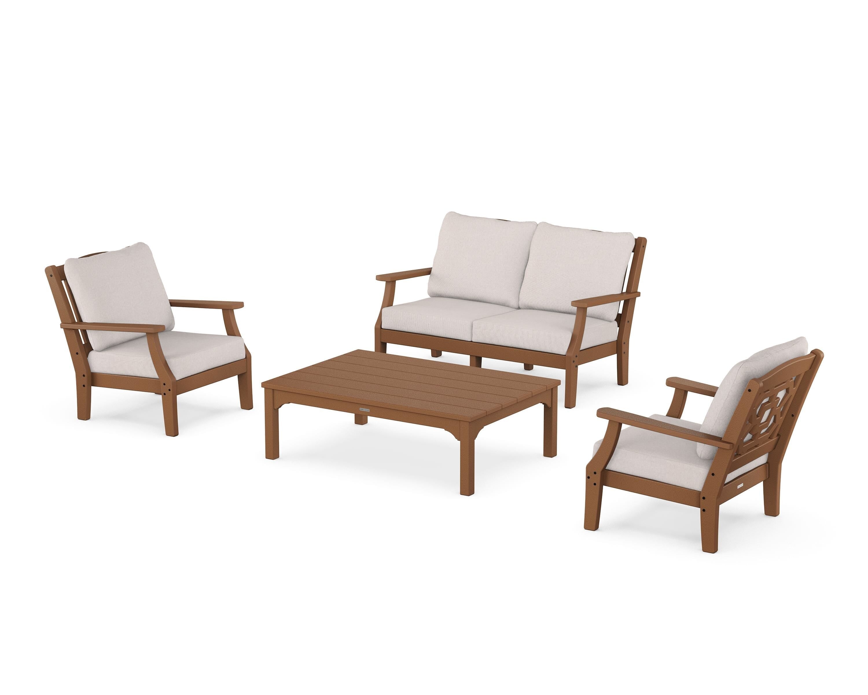 Martha Stewart by POLYWOOD Chinoiserie 4-Piece Deep Seating Set with Loveseat in Teak / Dune Burlap
