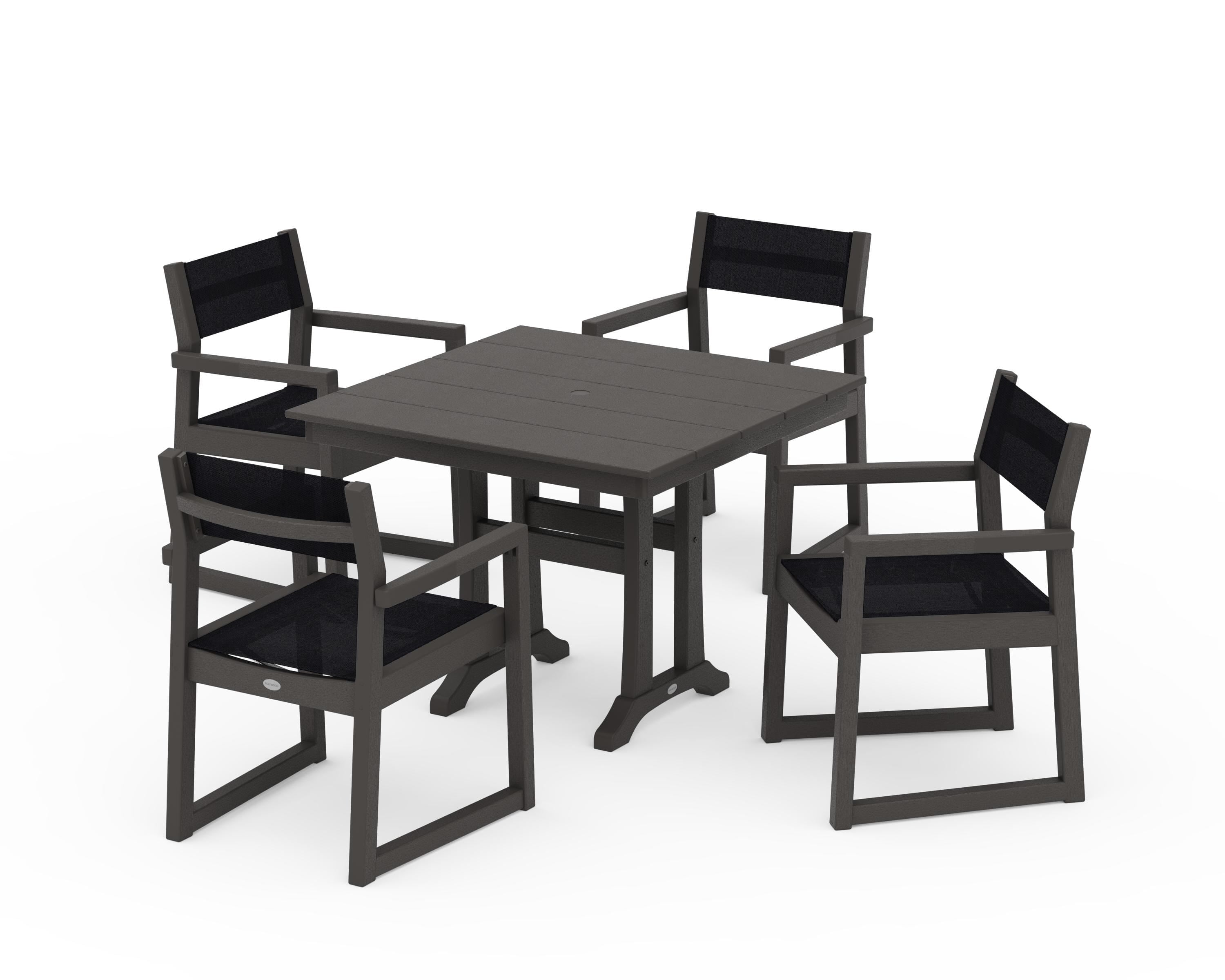 POLYWOOD EDGE Sling 5-Piece Farmhouse Dining Set with Trestle Legs in Vintage Coffee / Black Sling