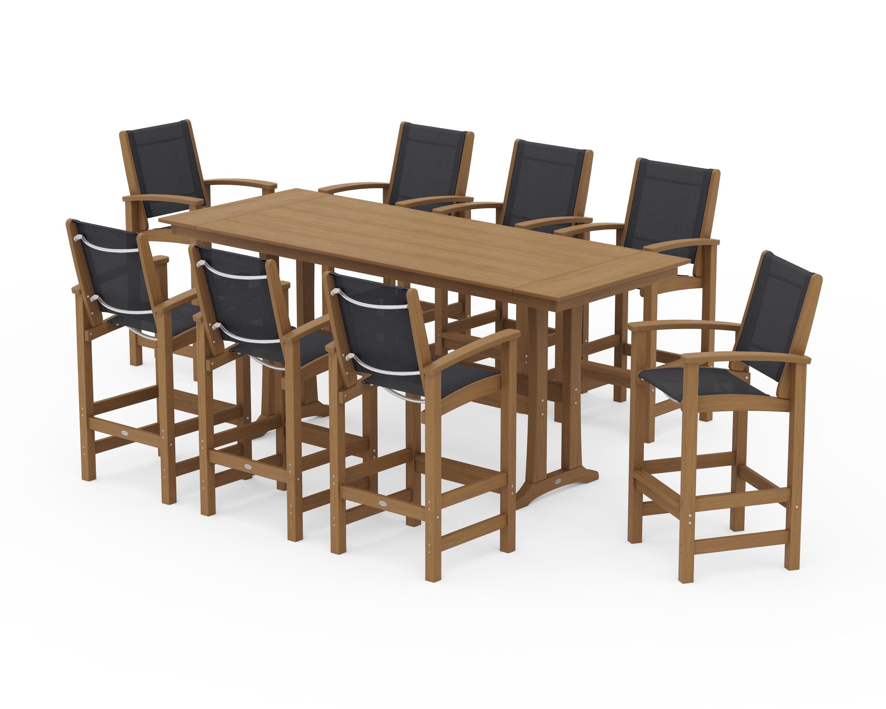 POLYWOOD Coastal 9-Piece Farmhouse Bar Set with Trestle Legs in Natural / Black Sling