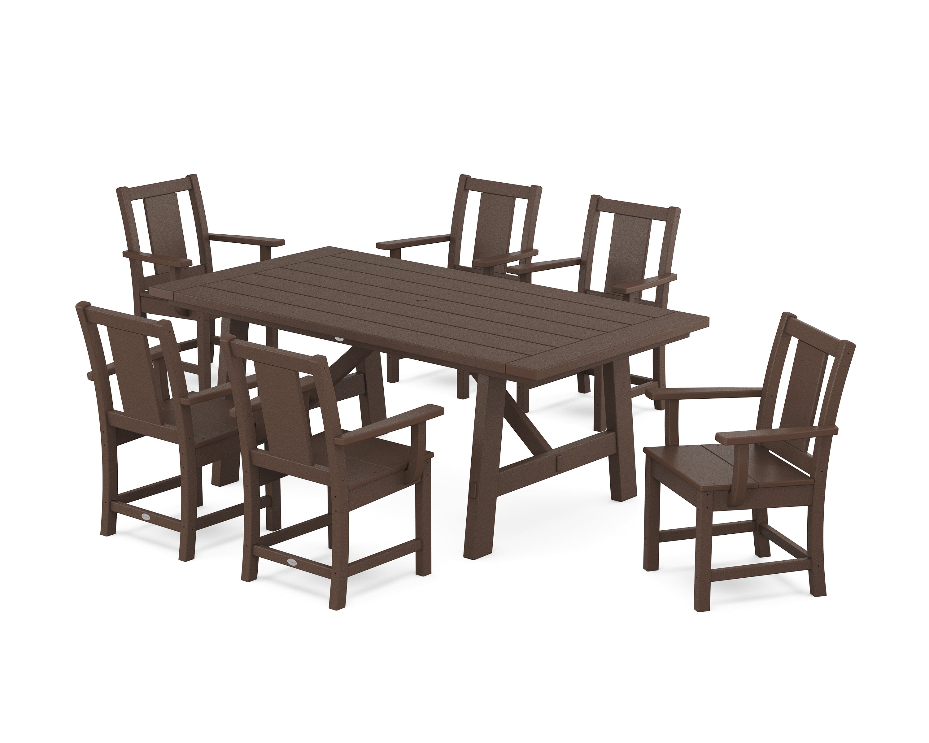 POLYWOOD® Prairie Arm Chair 7-Piece Rustic Farmhouse Dining Set in Mahogany