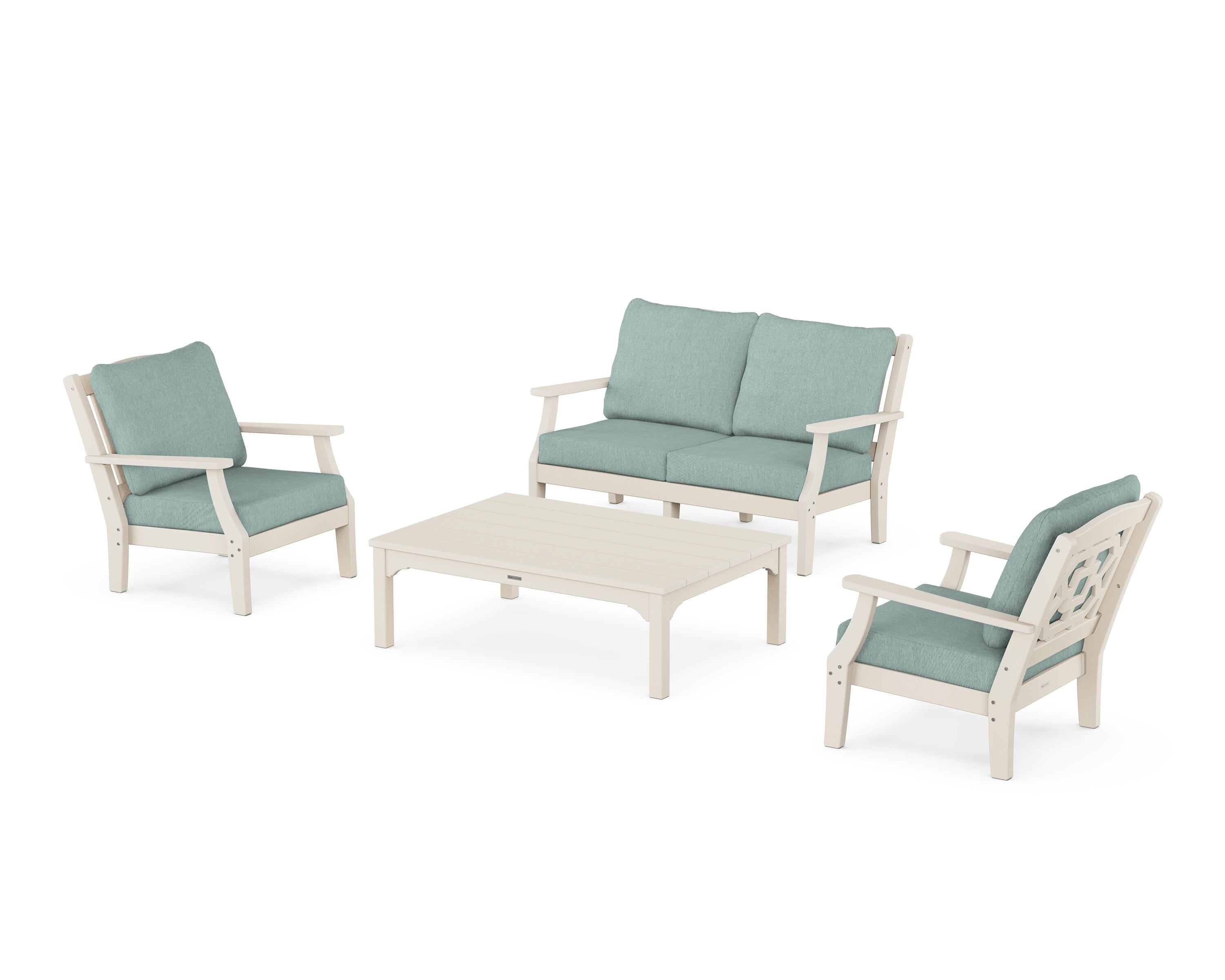 Martha Stewart by POLYWOOD Chinoiserie 4-Piece Deep Seating Set with Loveseat in Sand / Glacier Spa