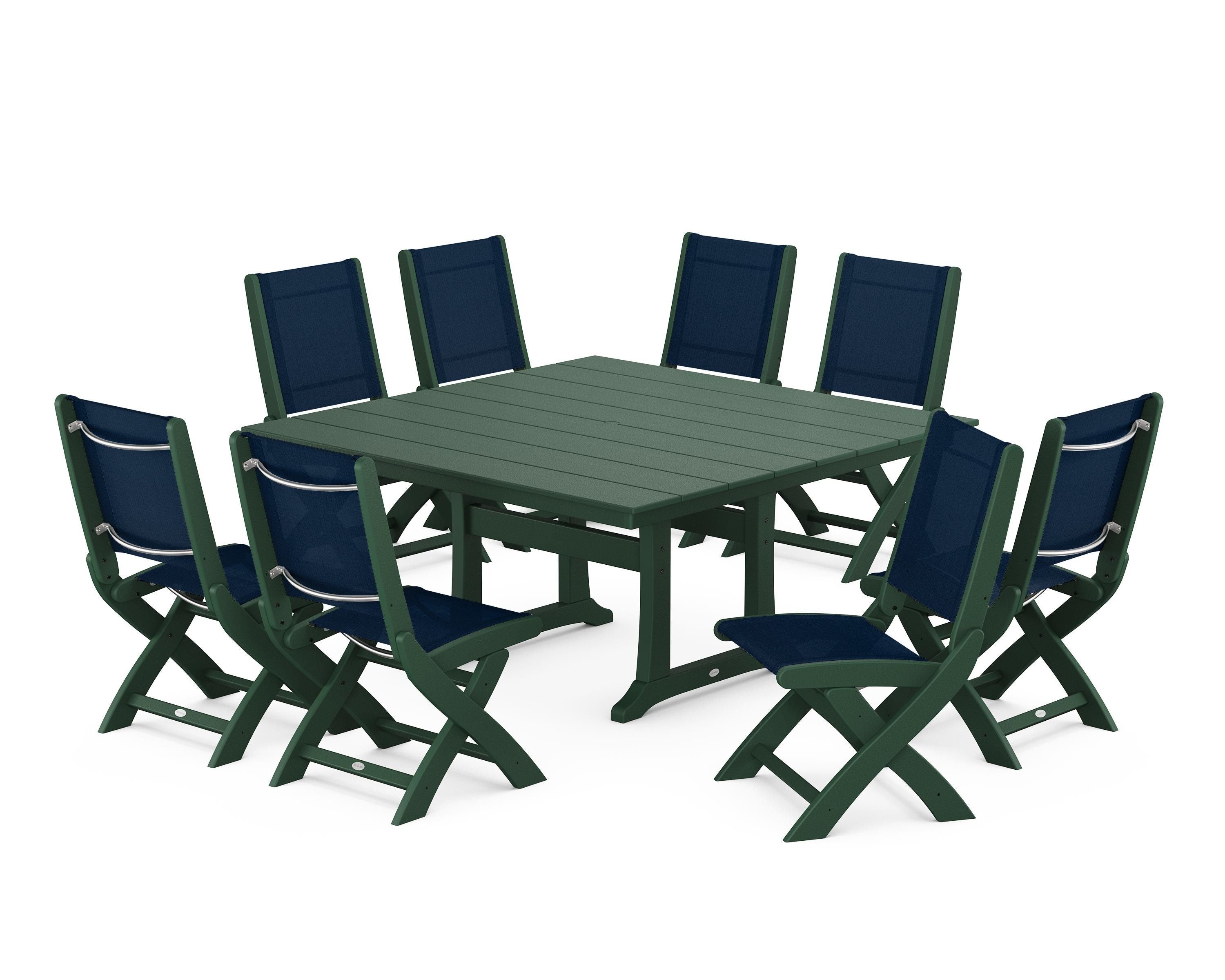 POLYWOOD Coastal Folding Side Chair 9-Piece Farmhouse Dining Set in Green / Navy Blue Sling